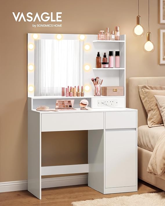 VASAGLE Dressing Table with Lighted Mirror, Cabinet, 2 Drawers