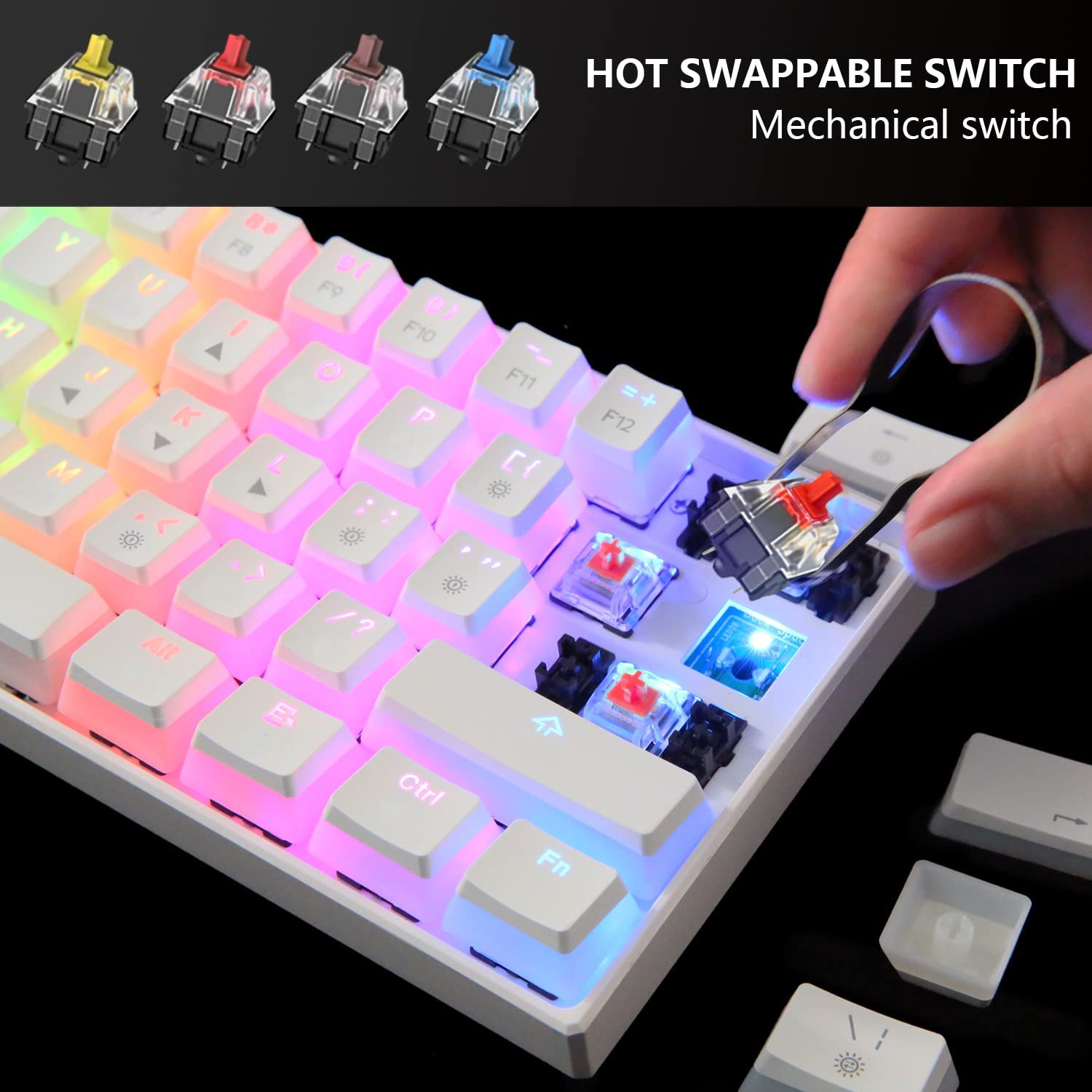 きゆ　 Gamakay Teclado para jogos MK61 Pro com fio 60% branco teclado