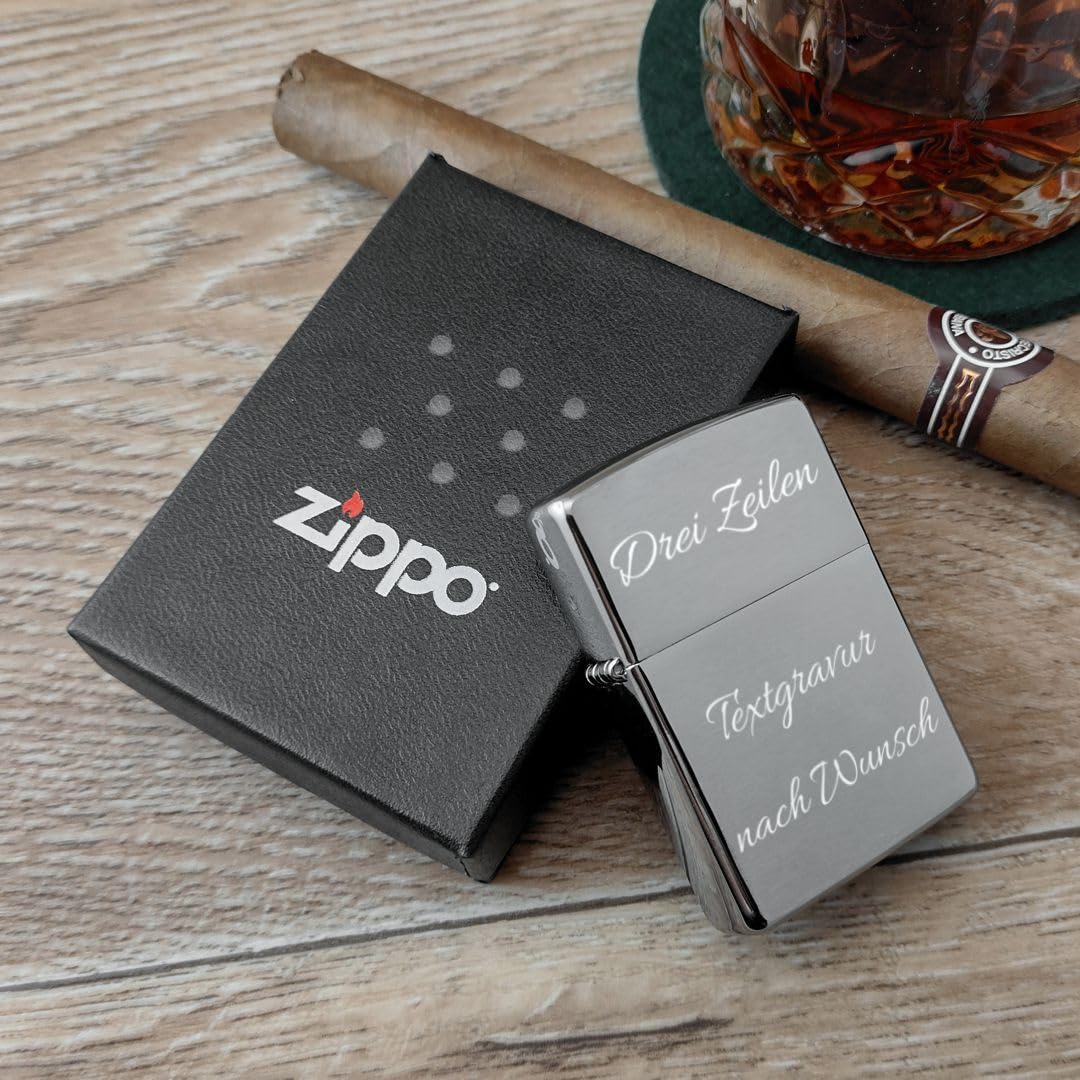 Personalisiertes Feuerzeug mit Gravur, hergestellt mit Zippo Sturmfeuerzeug Chrome Brushed, Geschenkidee für Männer, Papa, Freund (3 Zeilen Text)