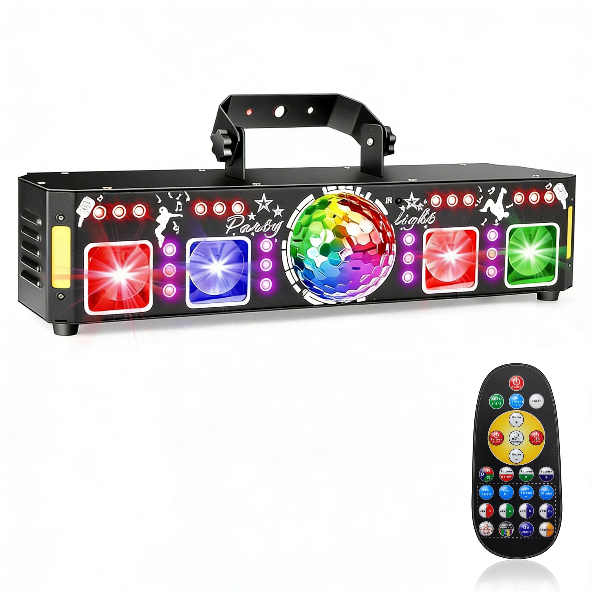 DJ Lights for Parties, Pro 7 in 1 DMX &amp; Sound Activated DJ Lights Show Machine with Disco Ball Light, UV Black Lights - Sound Activated LED Lighting for Home, Karaoke, Birthday and DJ Events World Cup