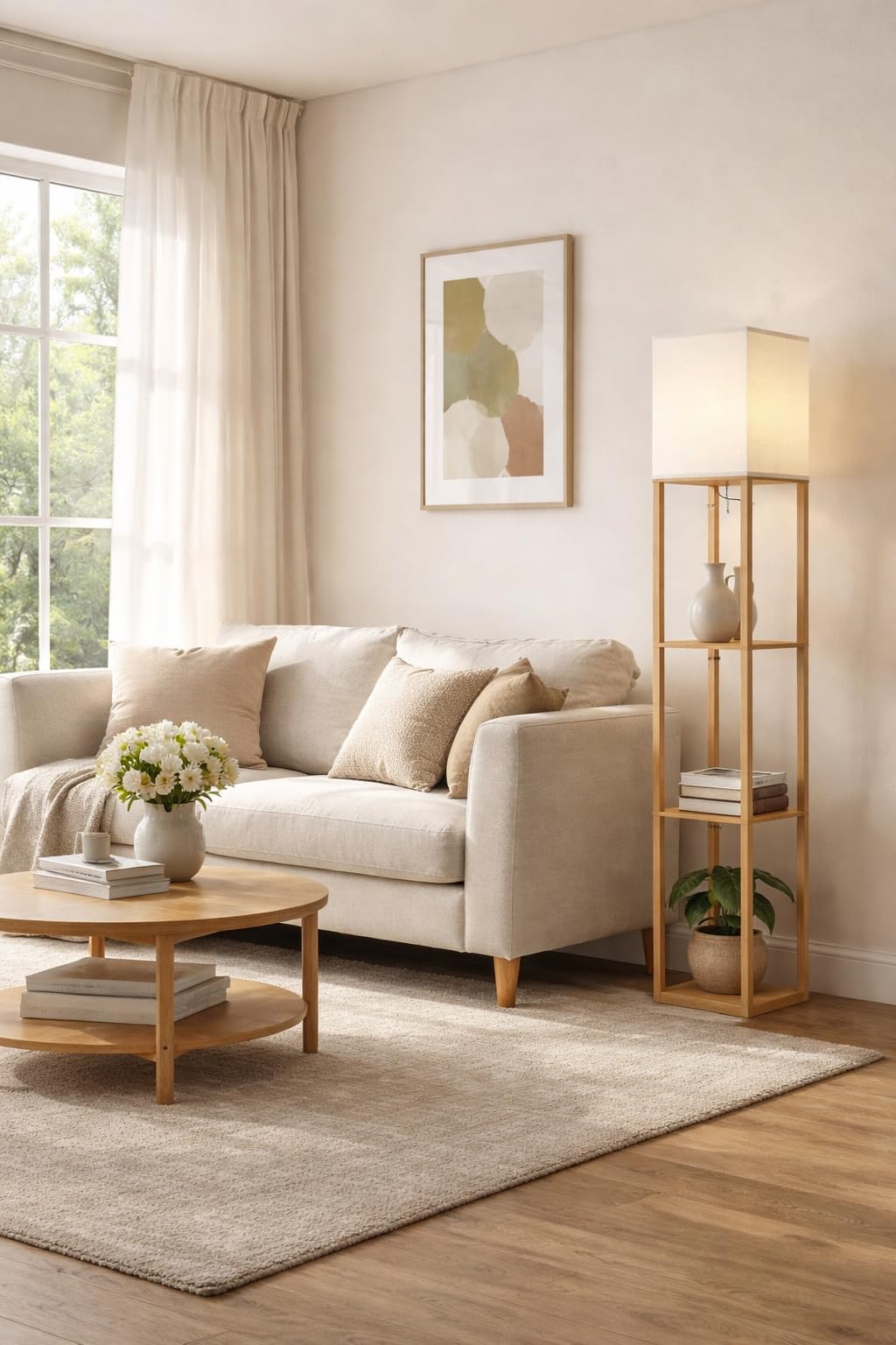 OUTON Stehlampe Holz mit Regal, 158 cm Stehleuchte, 3 Ablagen | 3 Farbtemperaturen, 9W E27 LED-Leuchtmittel, Stoffschirm für Wohnzimmer, Schlafzimmer, Büro, Flur, Gästezimmer