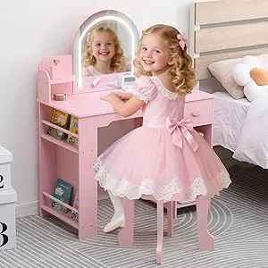 Garvee Kids Vanity with Lighted Mirror & Stool, Little Girls Vanity with Adjustable LED Light, Bookshelf, Storage Drawer & Shelves for Girls 3-9, Pink