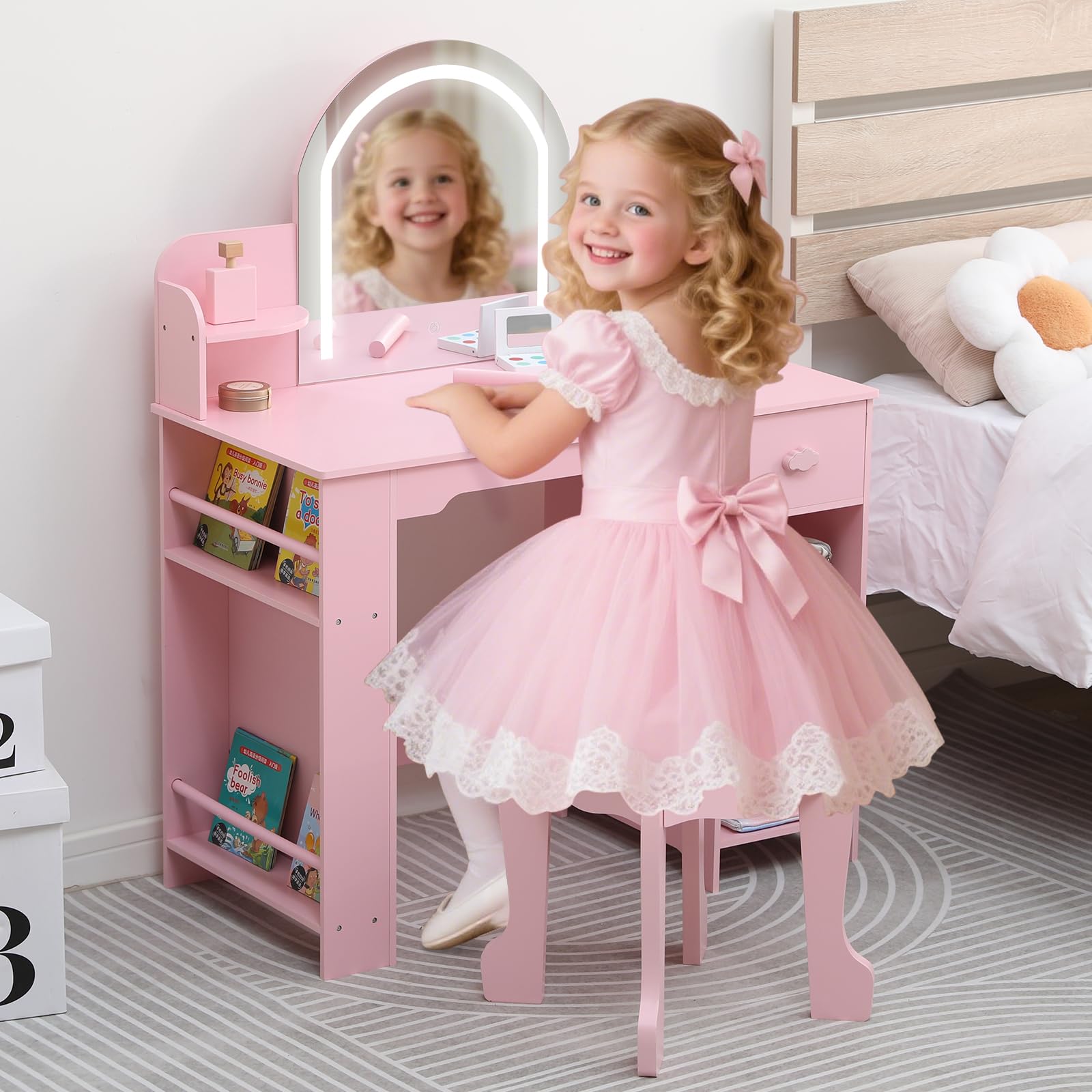 Coiffeuse Enfant Fille avec Miroir LED Lumineux et Tabouret, Bureau Enfant 2 en 1 avec Tiroir et Étagères, Coiffeuse en MDF à Bords Arrondis pour Chambre d'Enfant, Cadeau pour Fille de 3 à 8 Ans