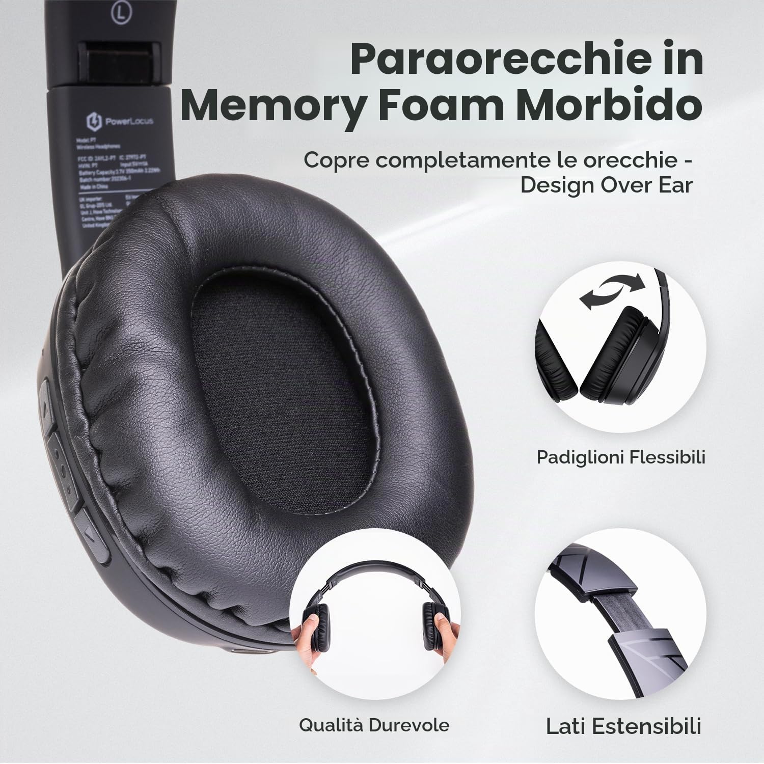 PowerLocus P7 Cuffie Wireless Bluetooth, 50 ore Di Riproduzione, Cuffie Senza Fili Over Ear, Hi-Fi Stereo, Pieghevole, Cuffie Bluetooth con Microfono, Custodia Rigida per Viaggio/Telefono/PC/TV