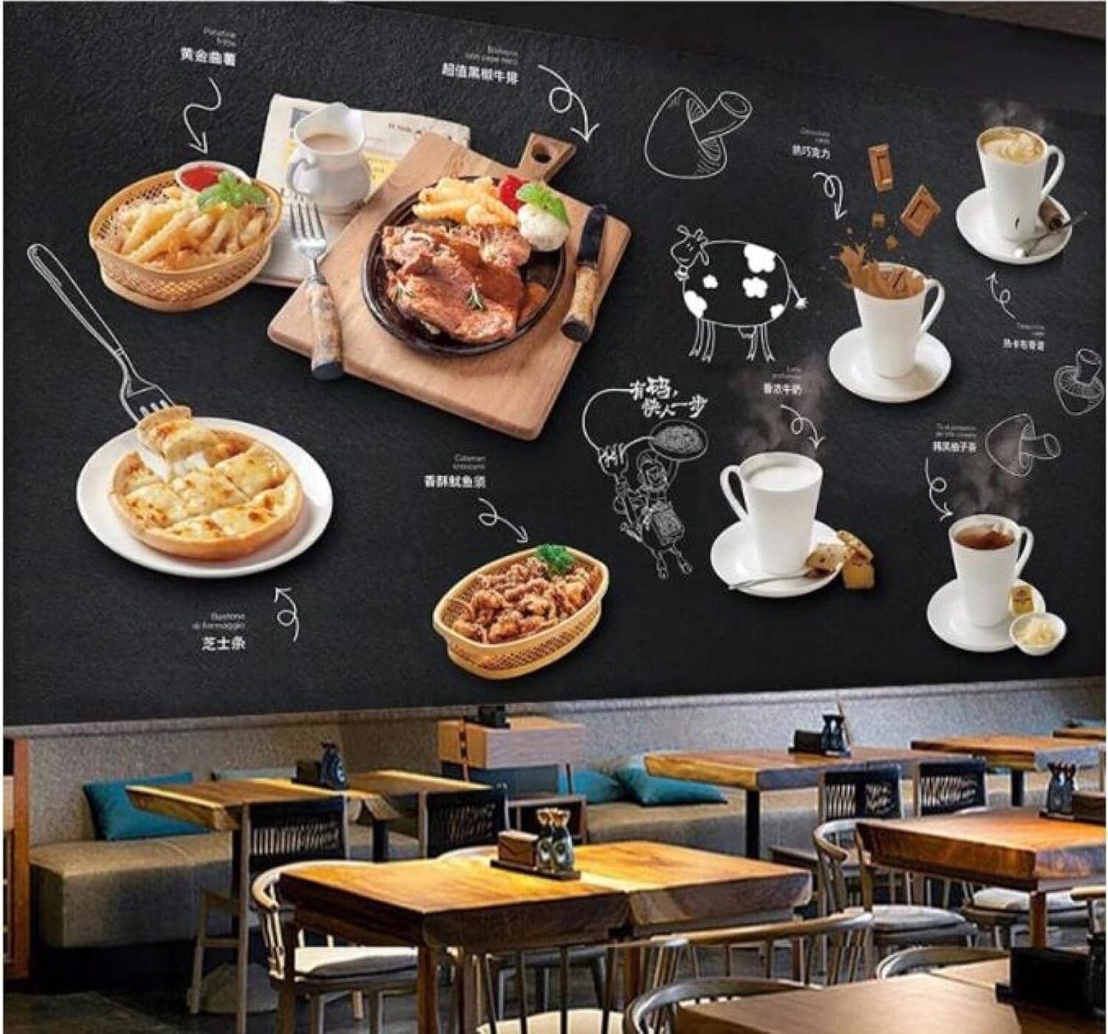 XLMING Desserts Blackboard Coffee Café Restaurant 3D Wallpaper Luxury Silk Study Dining Feature Sofa Grey Bedroom Living Room Tv Decorative Wall-430cm×300cm