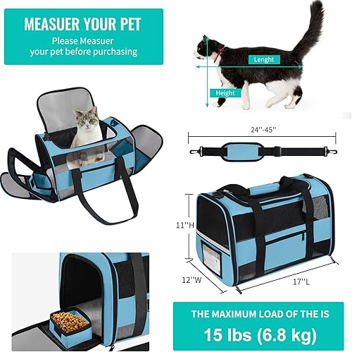Miniatura 6 de Transportador de gatos para perros, aprobado por aerolíneas para perros pequeños, gatos medianos, cachorros de menos de 15 libras, plegable y de