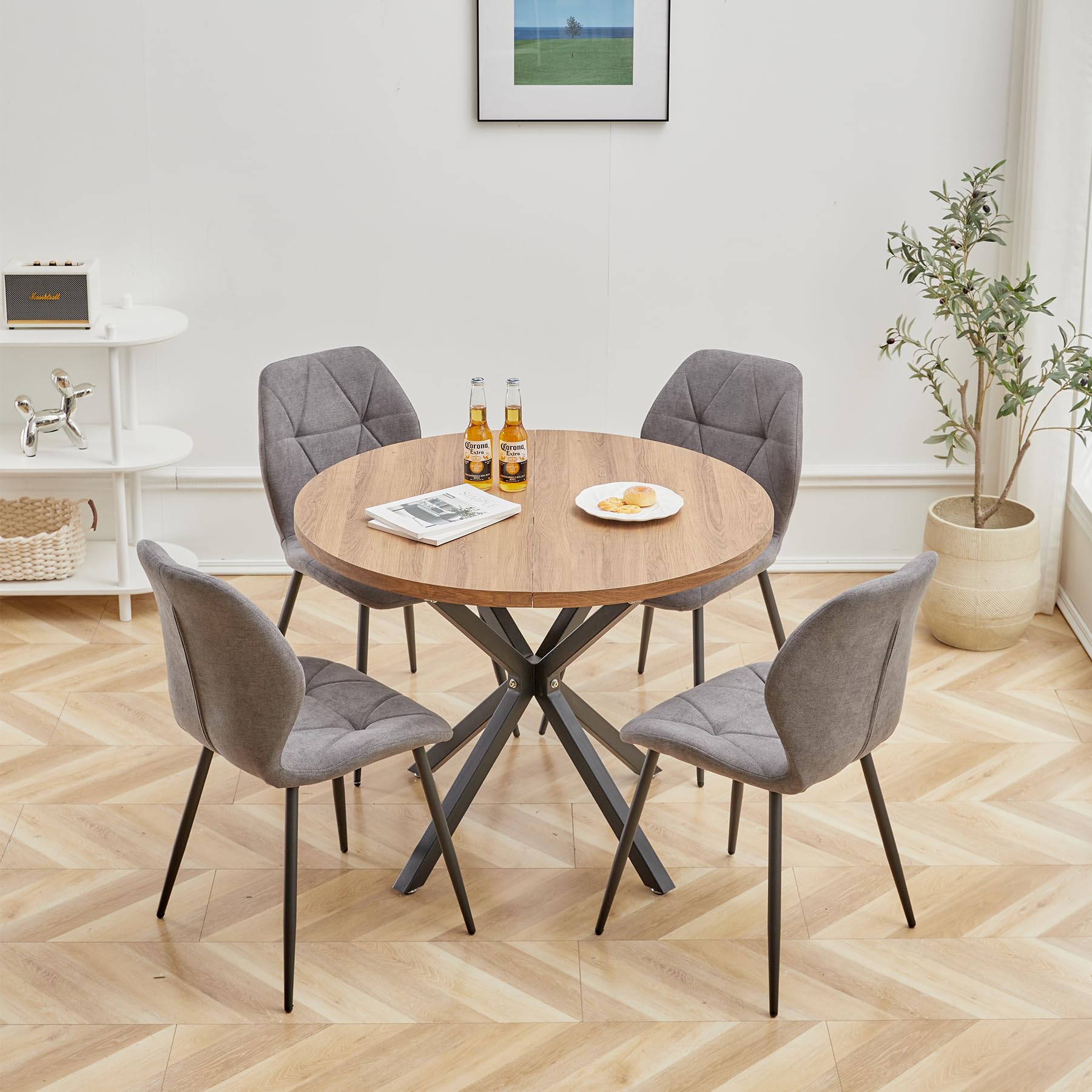Juego de Mesa de Comedor Redonda de 100 cm con 4 Sillas de Tela de Lino, Conjunto Mesa y Sillas de Comedor para Comedor, Cocina y Salón (Madera Oscura+LX-Gris)