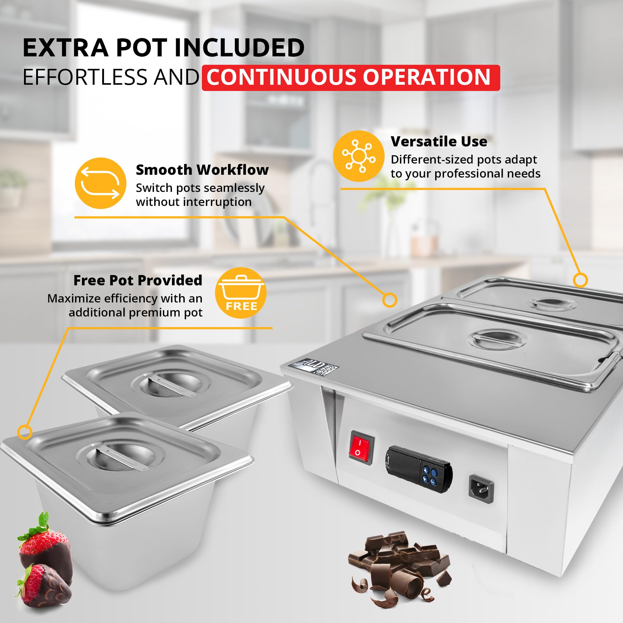 ALDKitchen Chocolate Melter | Electric Chocolate Warmer | Commercial Stainless Steel Fondue Pot | 4 Pots 22 lb | 110V