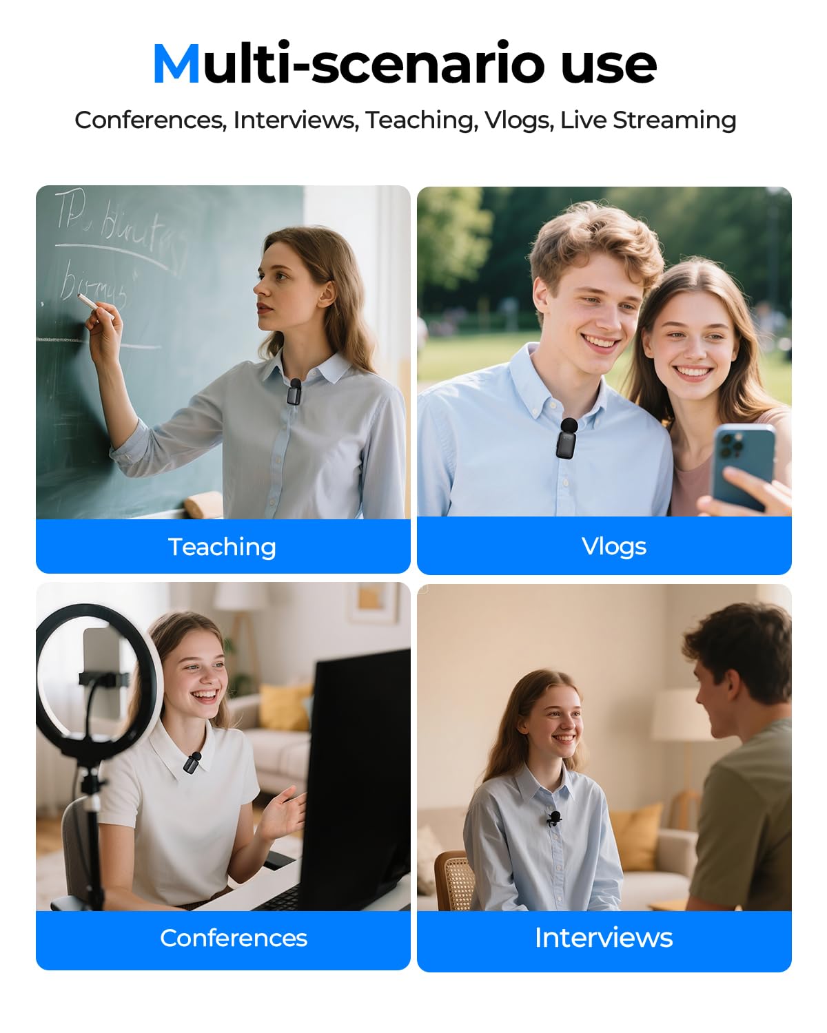 Mini Microfono Lavalier wireless per iPhone e Android, microfono a clip con cancellazione/Voice change per registrazione video,Tiktok, Youtube, Vlogging,Trasmissioni dal Vivo,Interviste