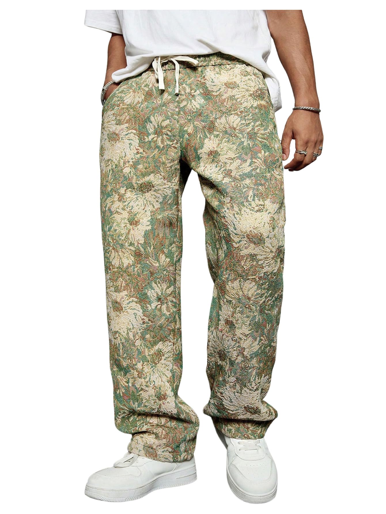 Verdusa Mens Boho Floral Print Casual Pants Grunge Straight Leg Long Trousers