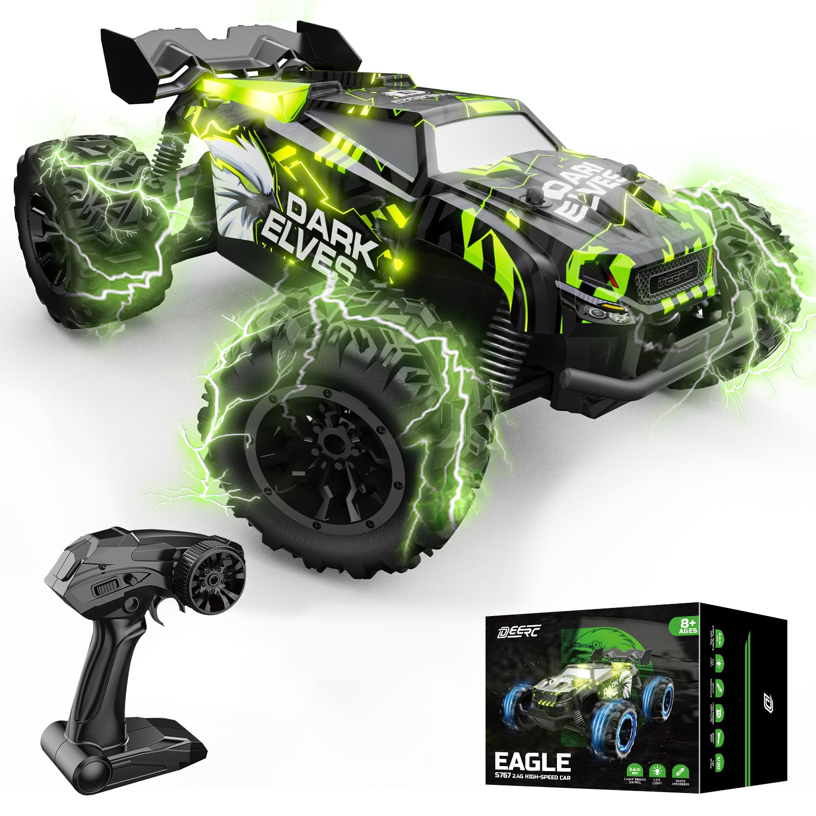 DEERC Voiture télécommandée, Voitures RC Lumineuses 2,4 GHz avec 2 Batteries Rechargeables pour 40 Minutes Jeu, Jouet Monster Truck Tout Terrain pour garçons et Enfants à partir de 8 Ans…