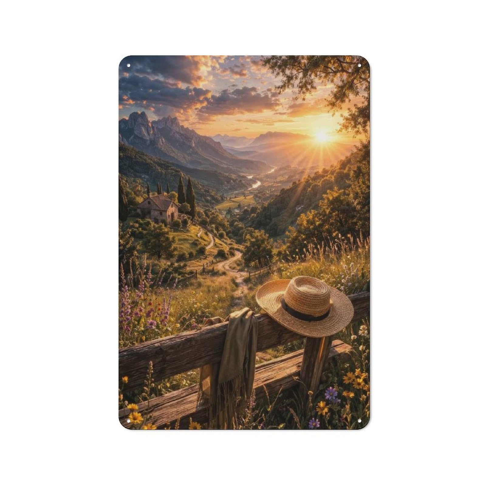 For Living Room Or Hallway, Sunset over Tuscan Valley with Straw Hat Retro Metal Plaque 30x20cm, for A Newly Furnished Living Room And Hallway