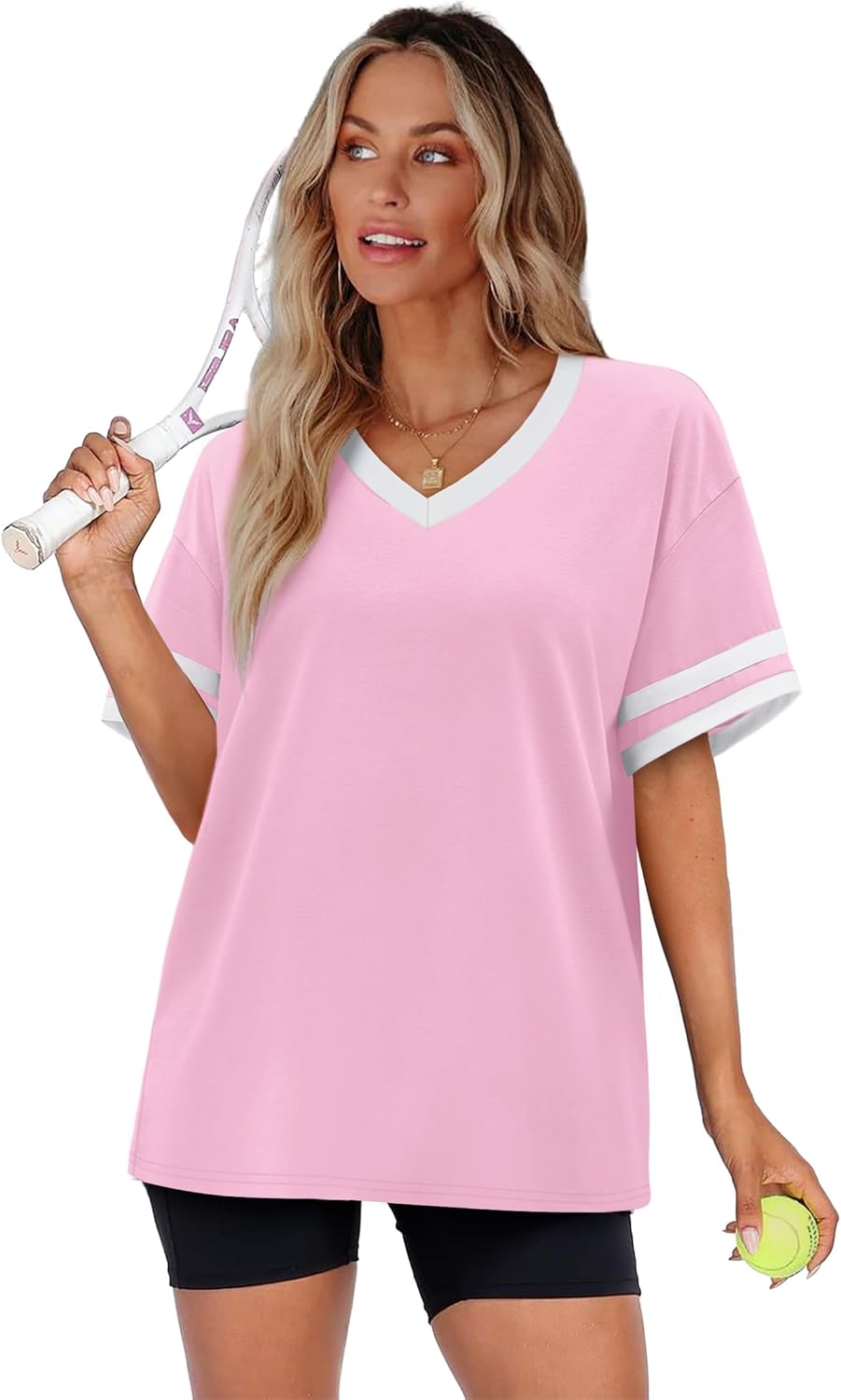 WIHOLL Womens T Shirts Loose Fit Short Sleeve Tees V Neck Color Block Summer Tops 2026 Fashion S-3XL - Image 3