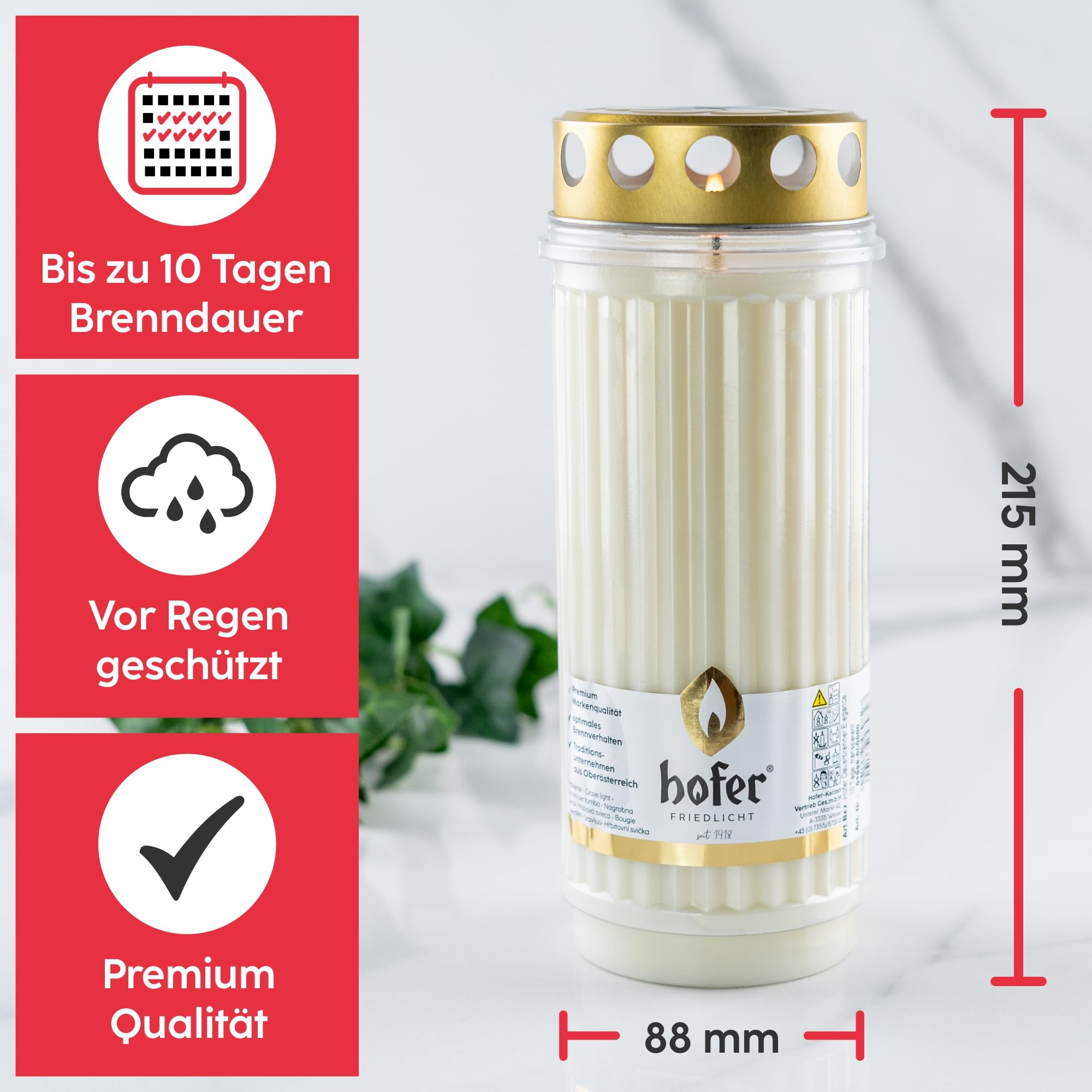 HOFER Grabkerzen, Grablicht, Brenndauer ca. 10 Tage, weiß, ELEGANCE, 6 Stk. | Regenfeste Trauerkerzen, Große Friedhofskerze, für Grabdeko & Grabschmuck