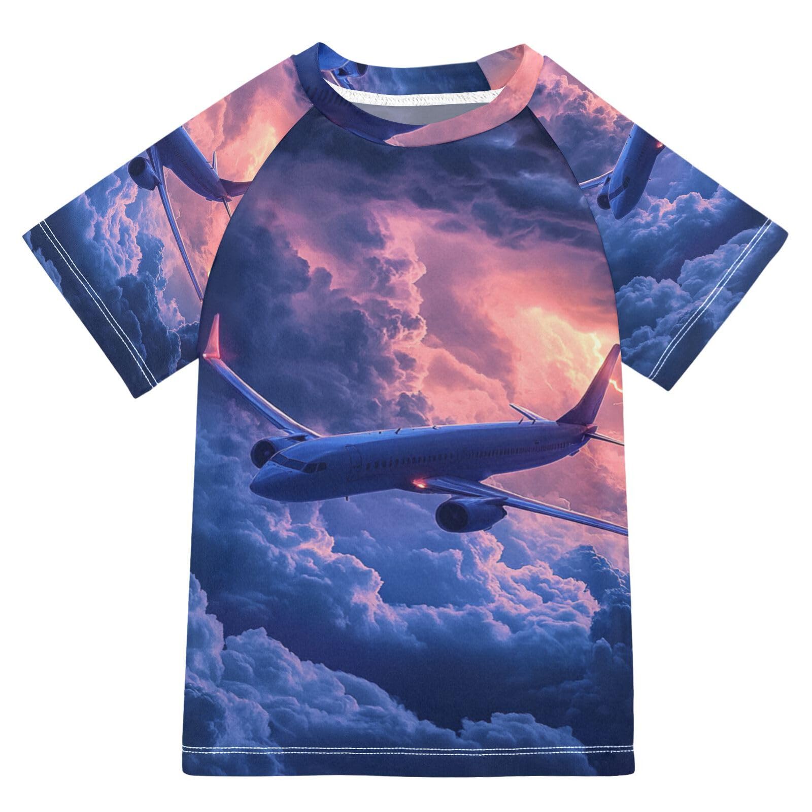 Jucciaco Boys Swimsuit Airplane Aircraft Lightning Tornado Sunscreen Kids Sun Rashguard Short Sleeve T-Shirts Swimwear Sets UPF 50+ Multicoloured
