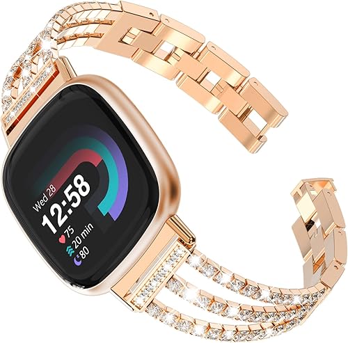 Fullife Compatible con Fitbit Versa 3Fitbit Versa 4 con diamantes de cristal, correa de acero para Fitbit SenseFitbit Sense 2 para mujer, oro rosa