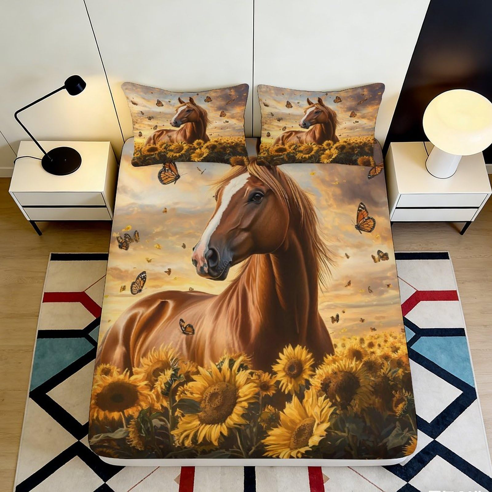 3D Printed Horse and Sunflower Fitted Sheet Microfiber Soft Breathable Butterfly Bed Cover for Bedroom Dormitory Guest Room Mattress Protection Decor 120x200x25cm