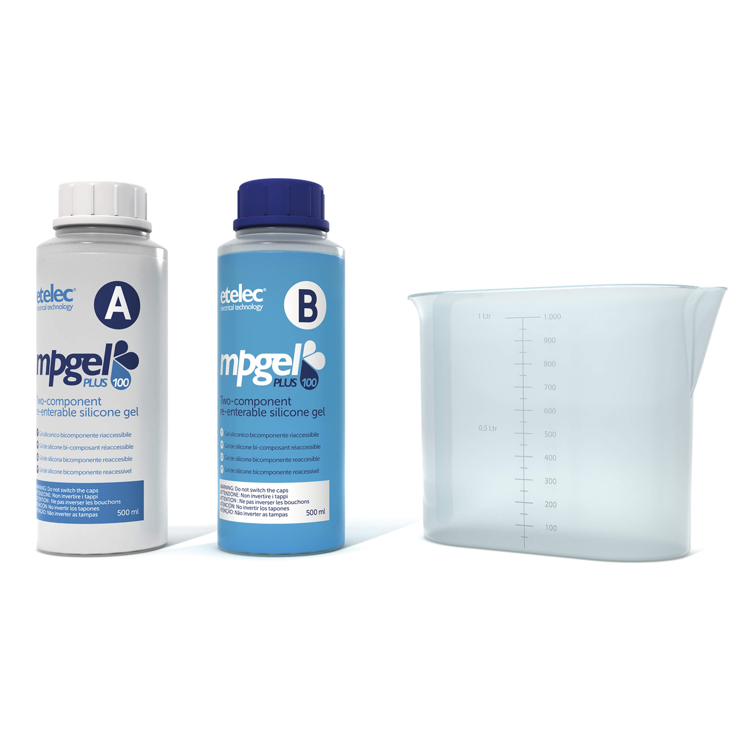 Kit MPGEL 1 Litro, Gel Isolante Siliconico Bicomponente, Riempimenti Sigillature Scatole Cassette Derivazione Fino1 kV, Confezione 2 Flaconi 500 ml + Caraffa