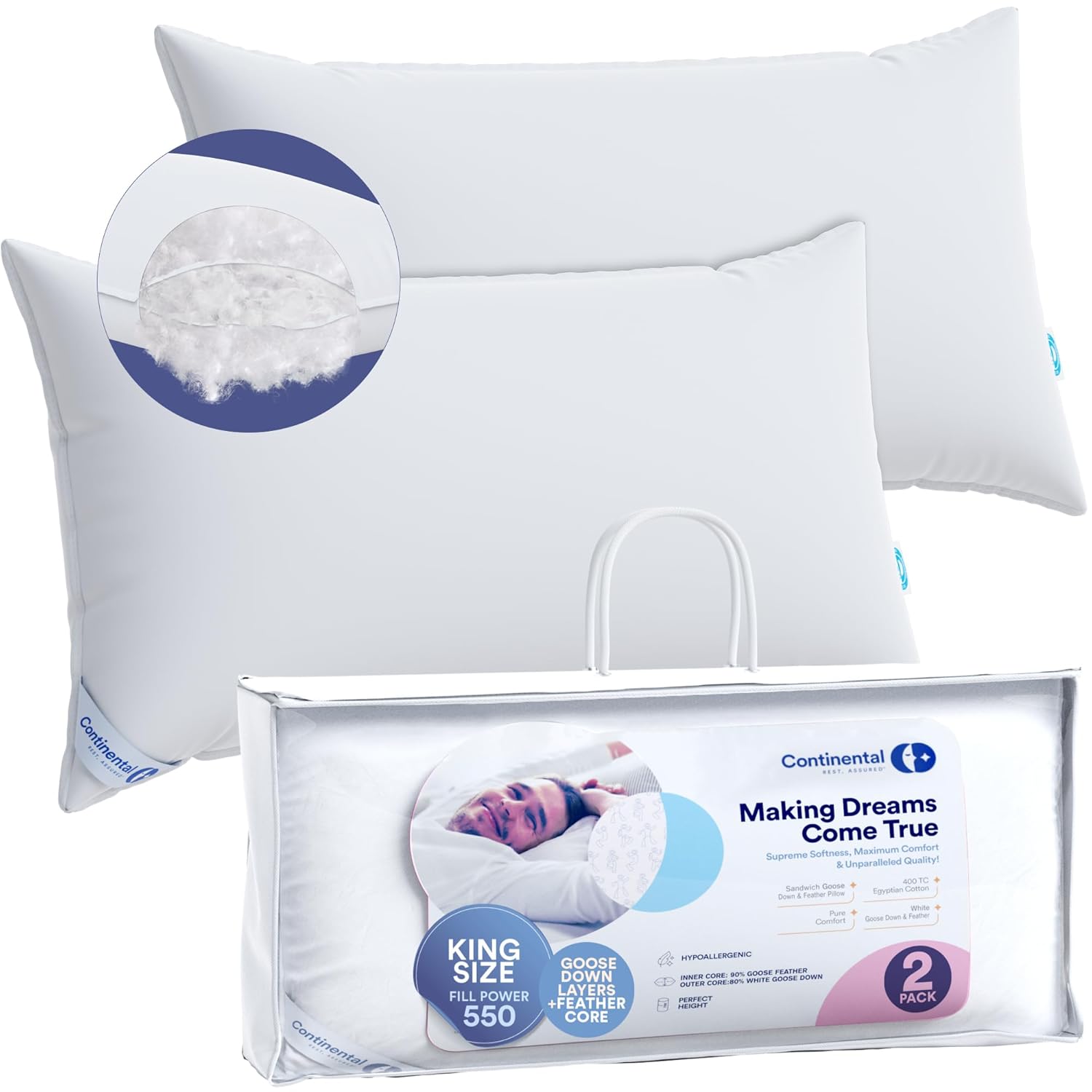 Continental Bedding Luxury Goose Feather Down Pillows King Size Set of 2 Family Made in New