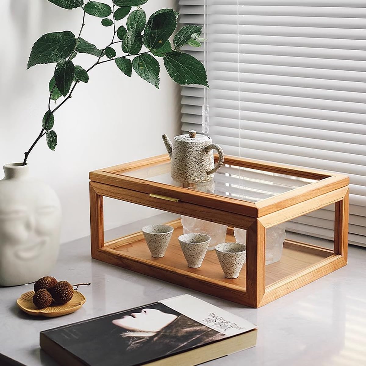 Vitrina de Madera Vintage para Pasteles y Galletas, Ideal para la encimera de la Cocina. Caja de Cristal Transparente para Guardar Galletas, Cupcakes, Magdalenas y Bagels caseros (Natural).