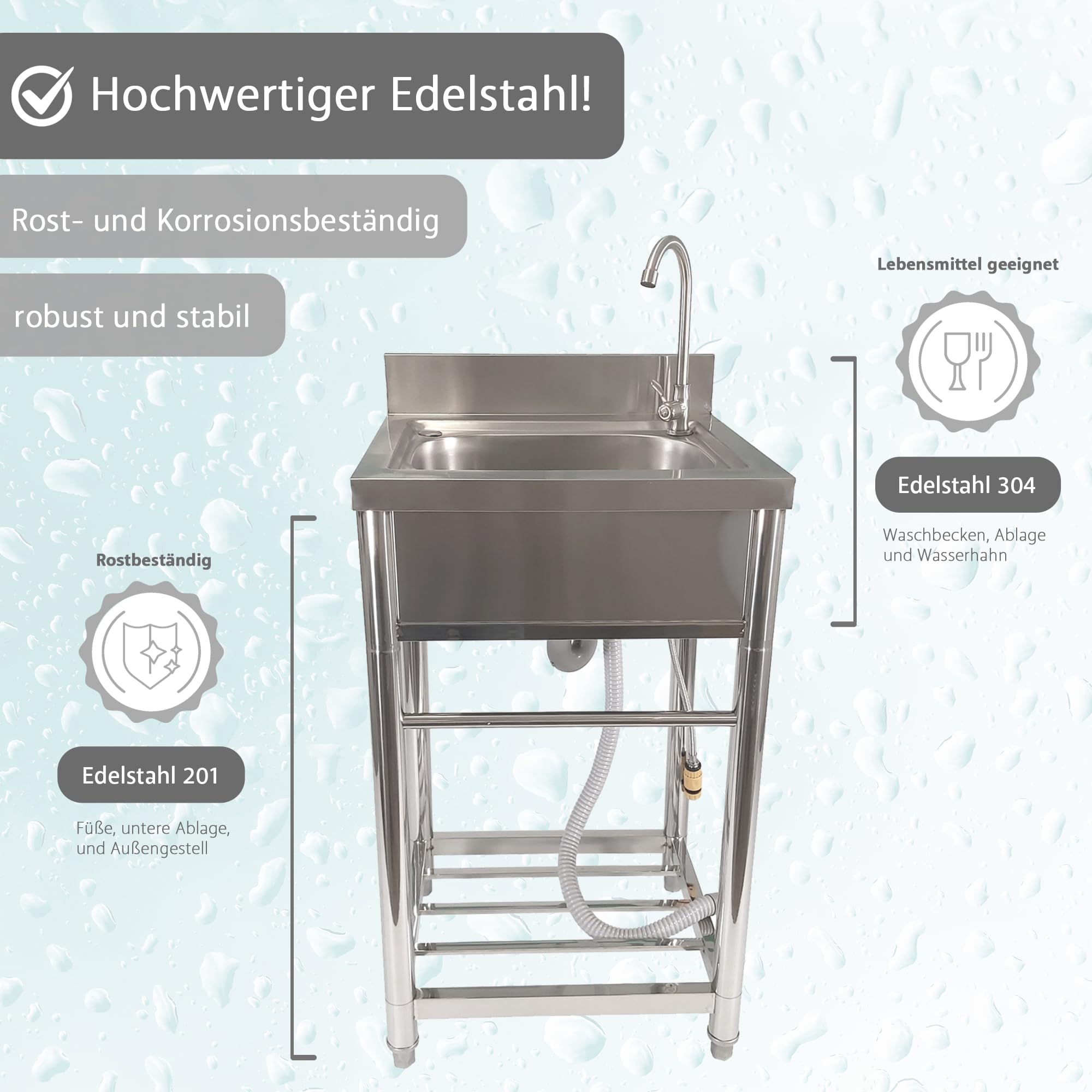 Lemodo Spültisch freistehend – Edelstahl Spültisch mit Wasserhahn, Gartenschlauch-Anschluss, mobiler Spültisch für Outdoorküche, Gastro und Camping, freistehende Küchenspüle mit Ablage