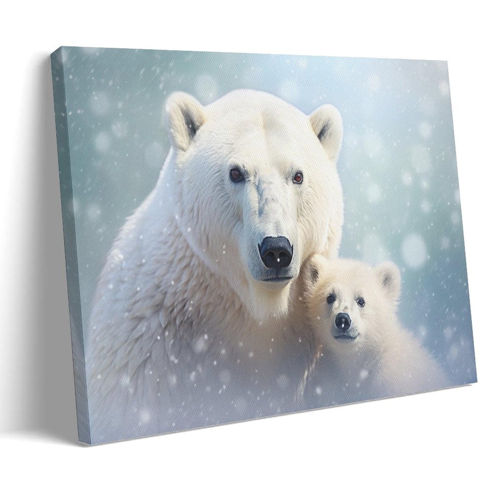 Ayaros A Style-7 Winter Polar Bear Wall Art Canvas Print Poster Snow Bear With Its Child Framed Artwork For Bedroom Living Room Office 16X24inch(40X60cm) Framed 16X24 Inch