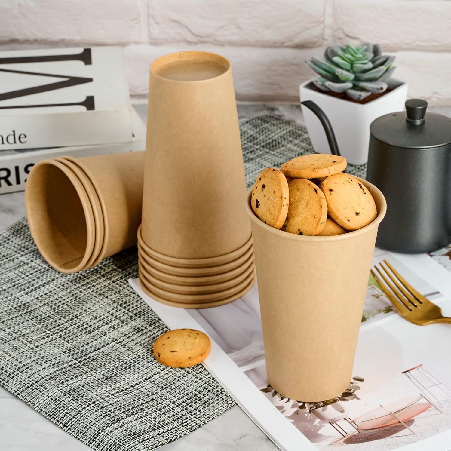 LITOPAK 100 Pack 16 oz Kraft Paper Coffee Cups for Water, Juice, and Tea, Disposable Hot Coffee Cups for Home, Restaurant, Store, and Cafe