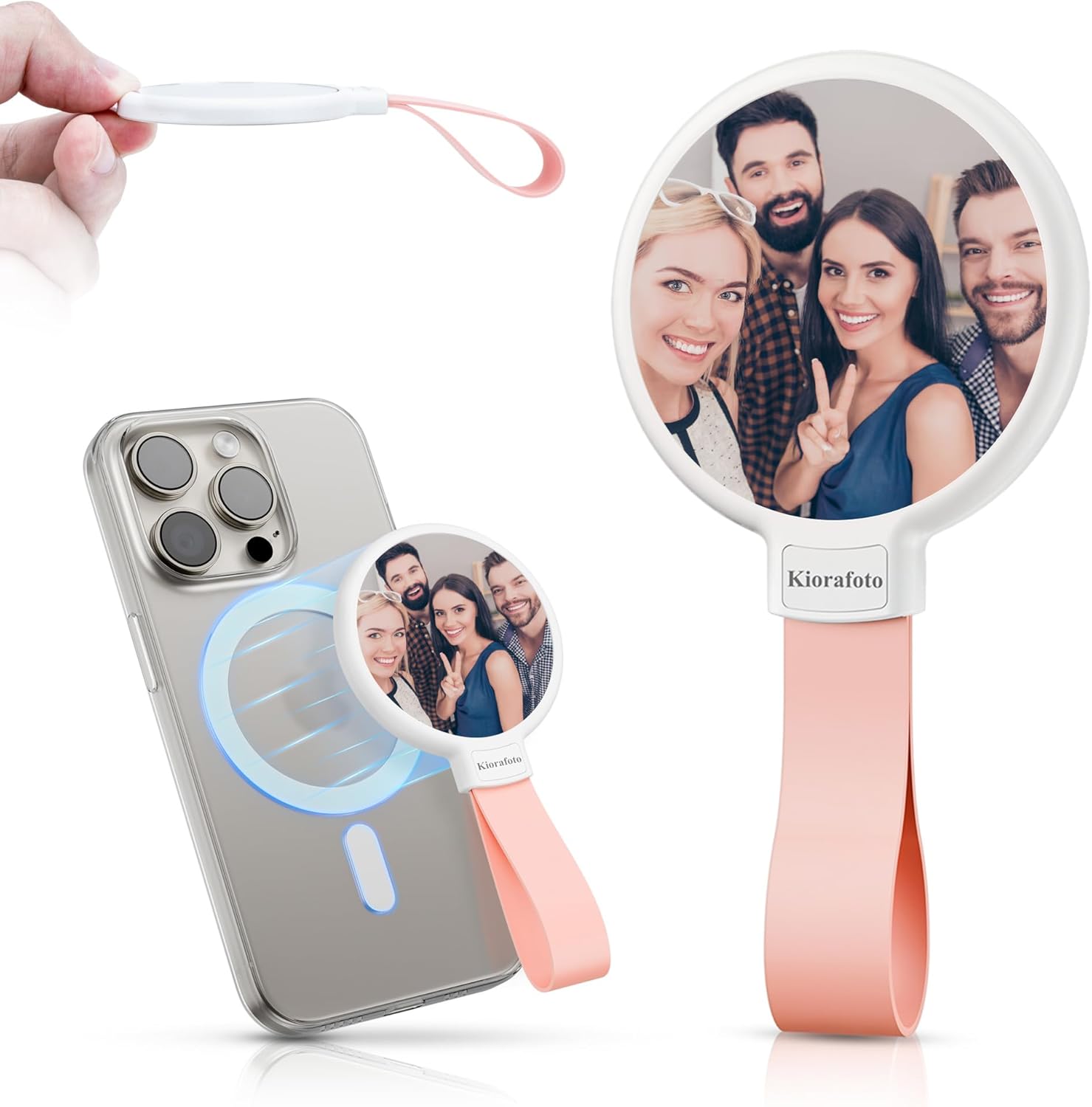 Magnetic Selfie Mirror for iPhone,Compact Flat Phone Mirror for Back Camera with Phone Grip Compatible with iPhone 17 Air 16 15 14 13 12 Pro Max, Mag-Safe Case & All Phones,for Selfie Streaming PINK