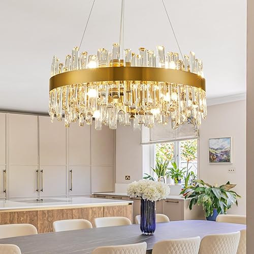 Siljoy Candelabro moderno de cristal de 12 luces de oro cepillado de 2 niveles con forma de gota de lluvia de cristal, ajustable, montaje al ras,