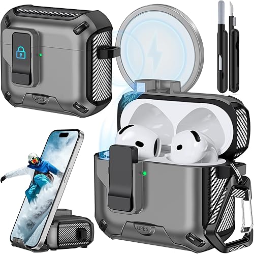 Miniatura 26 de Funda para AirPods 4 (2024) con soporte para teléfono, con interruptor automático a presión, diseño de fibra de carbono, cubierta de protección para