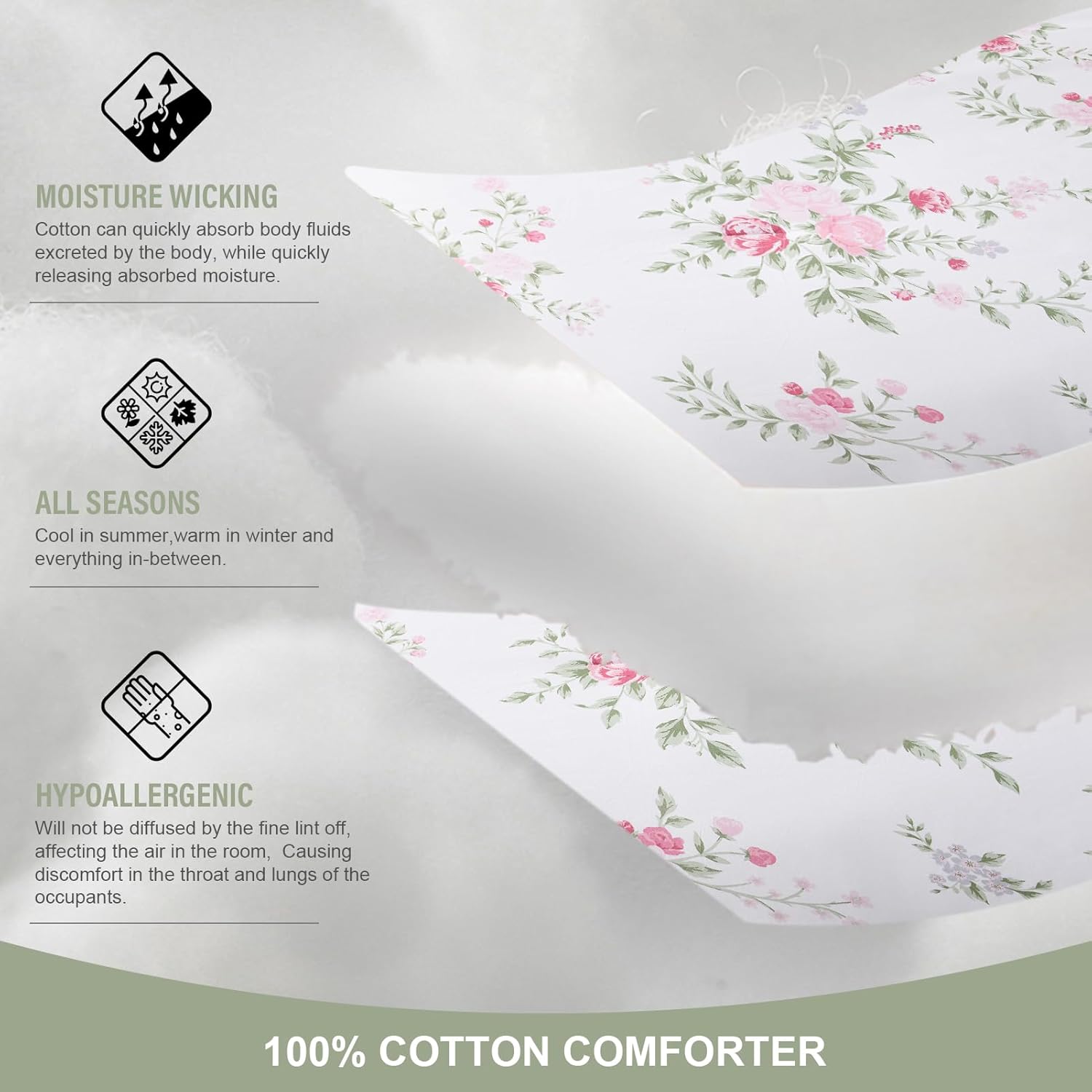 Floral Queen Comforter Set - Cotton Fluffy Queen Size Comforters Bedding Sets, Lightweight Soft Quilted Comforters Bed Set 3 Pieces with Pillow Shams, White/Pink