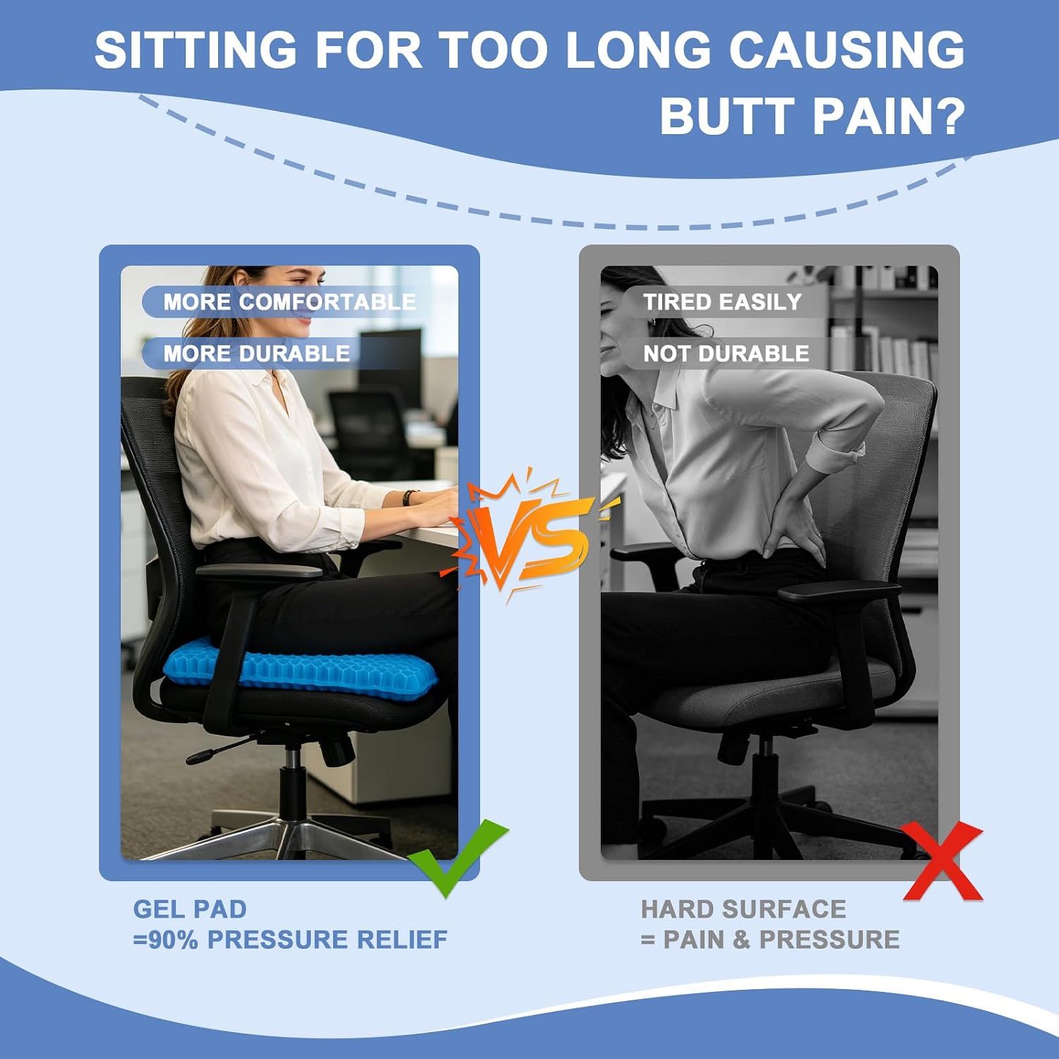 Gel Seat Cushion for Office Chair - 20"x20" Extra Large & Thick Cooling Gel Cushion, Pressure Relief Seat Pad with Non-Slip Cover for Long Sitting, Tailbone/Coccyx Pain Relief, Car/Wheelchair/(Blue)