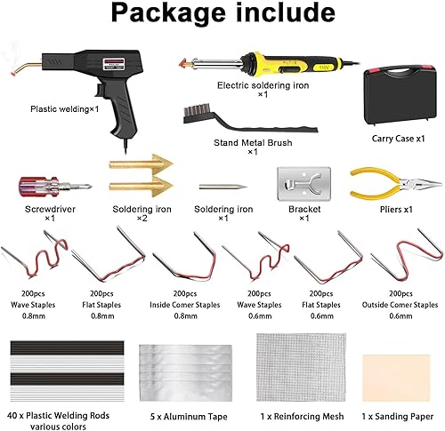 Miniatura 2 de Soldador de plástico de 220 W, 1200 grapas, 40 varillas de soldadura, kit de soldadura 5 en 1, cinta de papel de lija, soporte de malla de alambre,