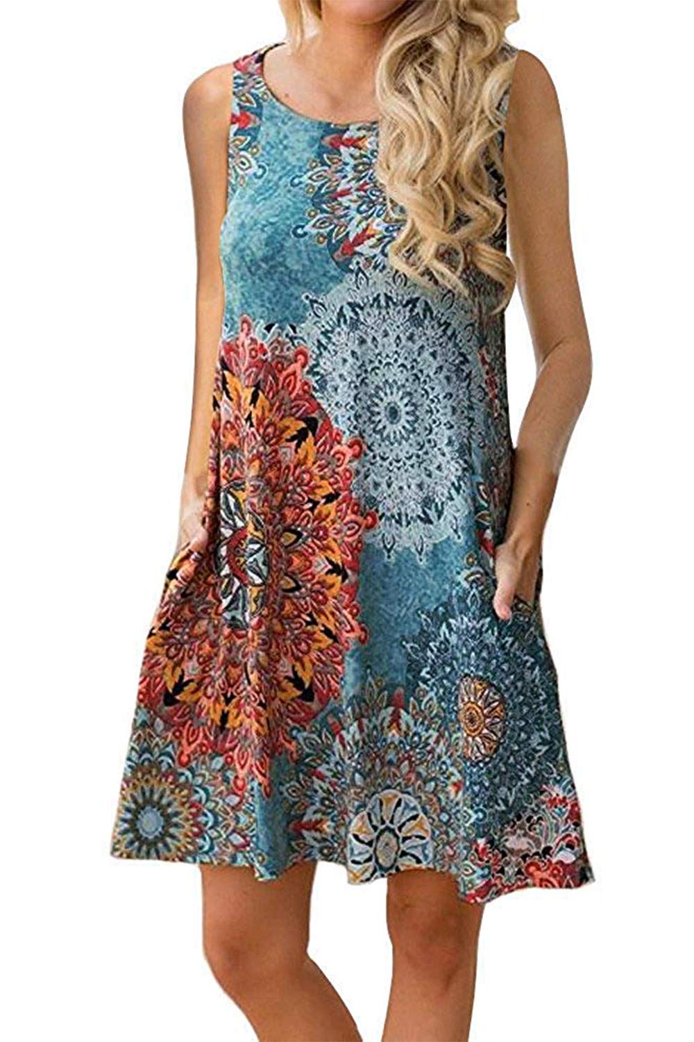 Yidarton Sommerkleider Damen Casual Ärmellos Rundhals Strandkleider Blumen Bedrucktes Trägerkleid Kurz Kleider mit Taschen