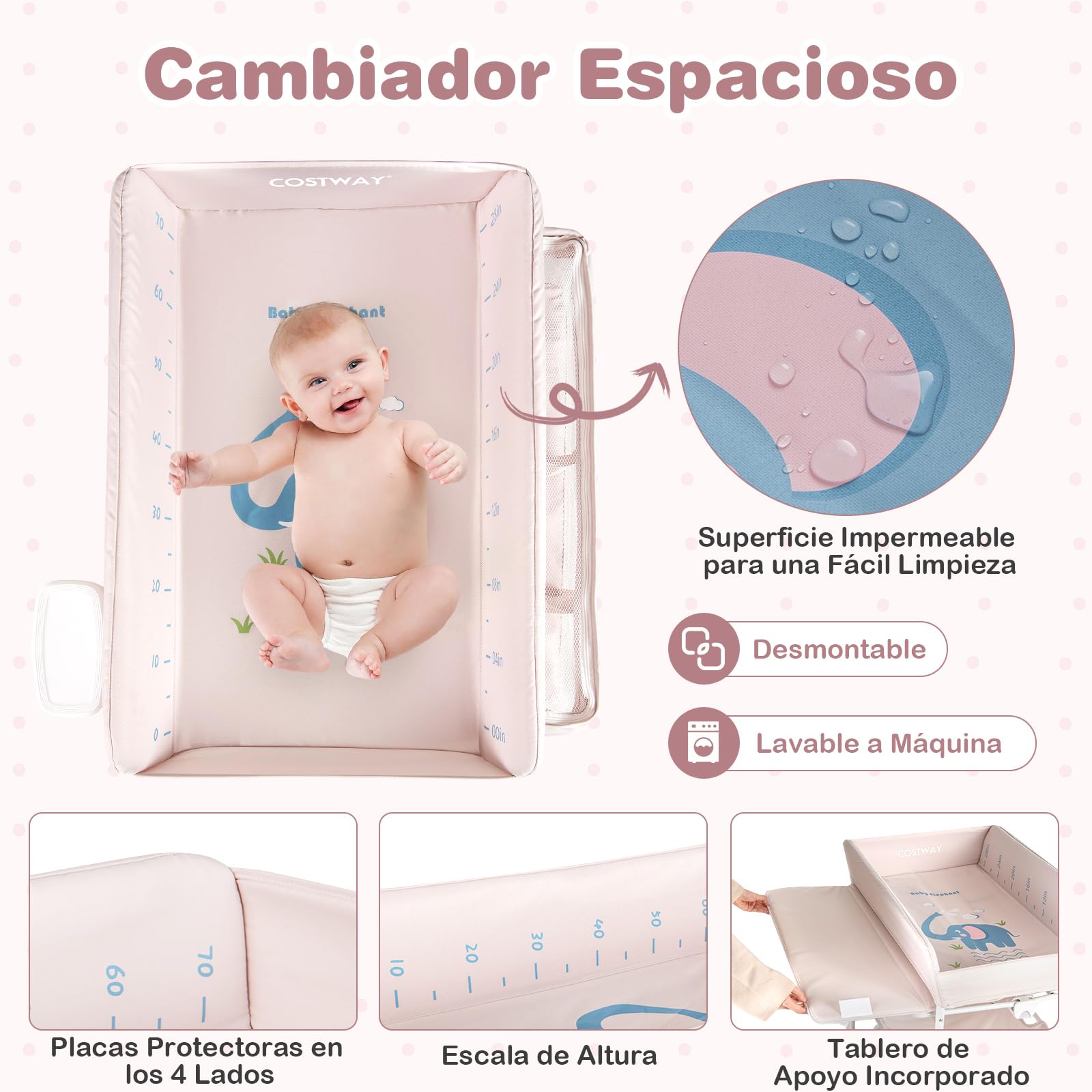 COSTWAY Cambiador Bebé Plegable con Ruedas Bloqueables, Cambiador Portátil Impermeable con 3 Alturas Ajustables, 2 Estantes y Bote de Basura, Cesta de Almacenamiento (Beige)
