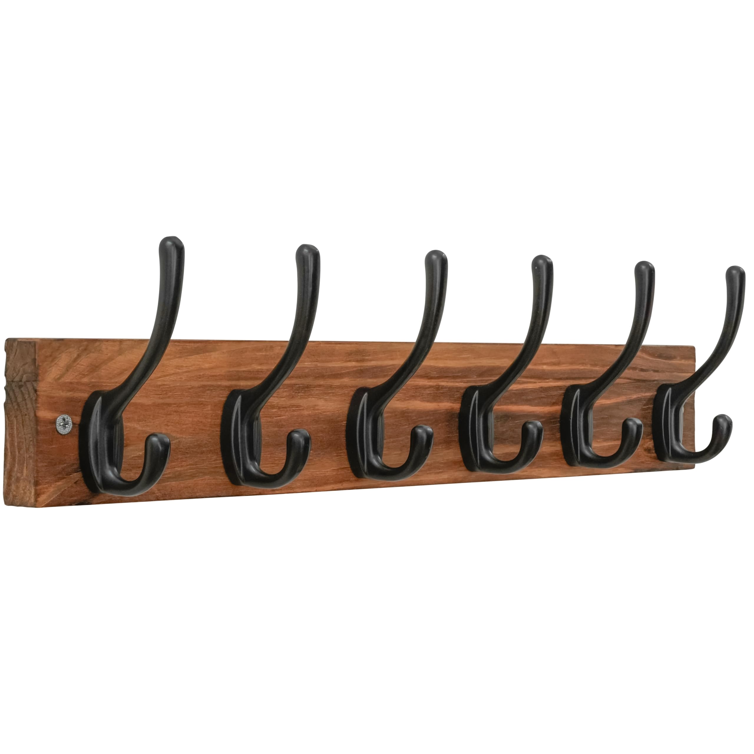 SKOLOO Rustic Farmhouse Coat Hooks Wall Mounted, 43.5cm Long, Solid Pine Wood with Weathered Finish, 6-Hook Distressed Wall Hanger for Porch, Mudroom, Cabin (Charred Wood & Black Hooks)​