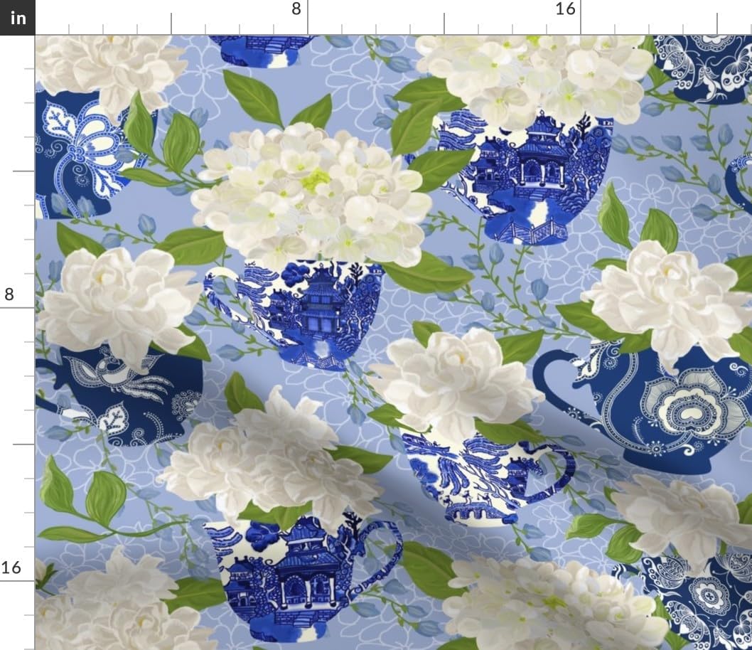 Spoonflower Fabric - Gardenia Chinoiserie Chinese Floral Tea Cups Blue Willow Botanical Printed on Petal Cotton Fabric Fat Quarter - Sewing Quilting Apparel Crafts Decor