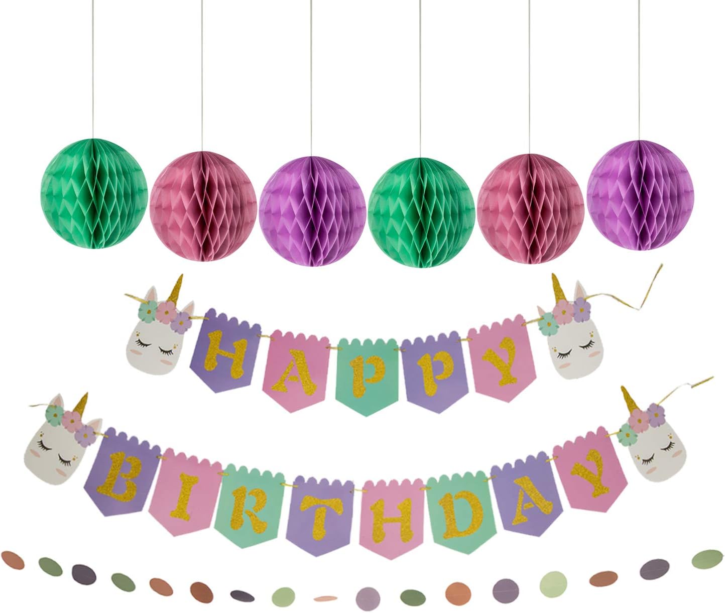 ArtistrendUnicorn Happy Birthday Banner Set | Girls B-Day Party Decorations Backdrop with Colorful Sign Honeycomb Balls Swirls Streamers | Its Time for an Unforgettable Birthday Celebration