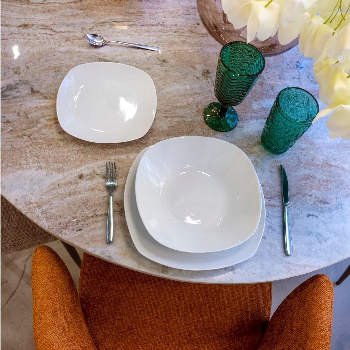 12 Platos Llanos de Porcelana Blanca - Juego de 12, Diseño Cuadrado, 25 cm, Aptos para Lavavajillas y Microondas, Color Blanco