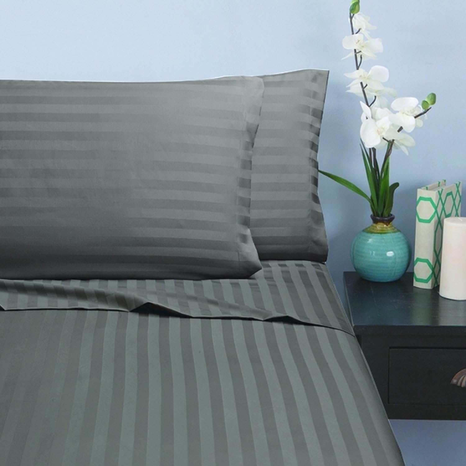 Elegance Linen Best, Softest, Coziest Stripe Sheets Ever! 1500 Thread Count Egyptian Quality Luxury Wrinkle Resistant Bedding Sheets, Deep Pocket Up to 16" - Queen Gray