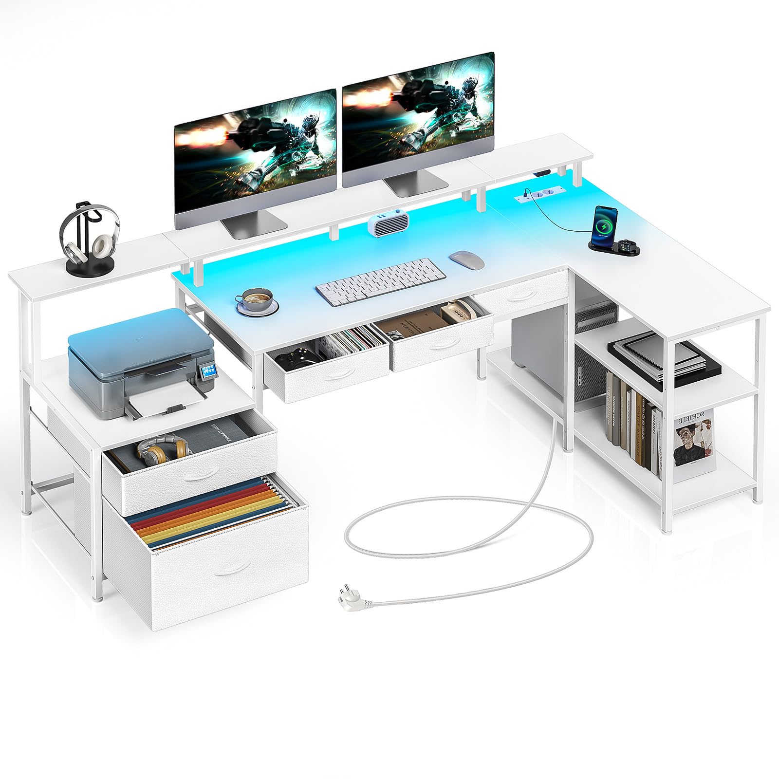 Rolanstar Scrivania Gaming Angolare, Scrivania a L Reversibile con LED e Prese e Porte USB, Supporto per Monitor, Scrivania con Cassetti da 163 cm, Tavolo Salvaspazio per Casa, Ufficio (Bianco)
