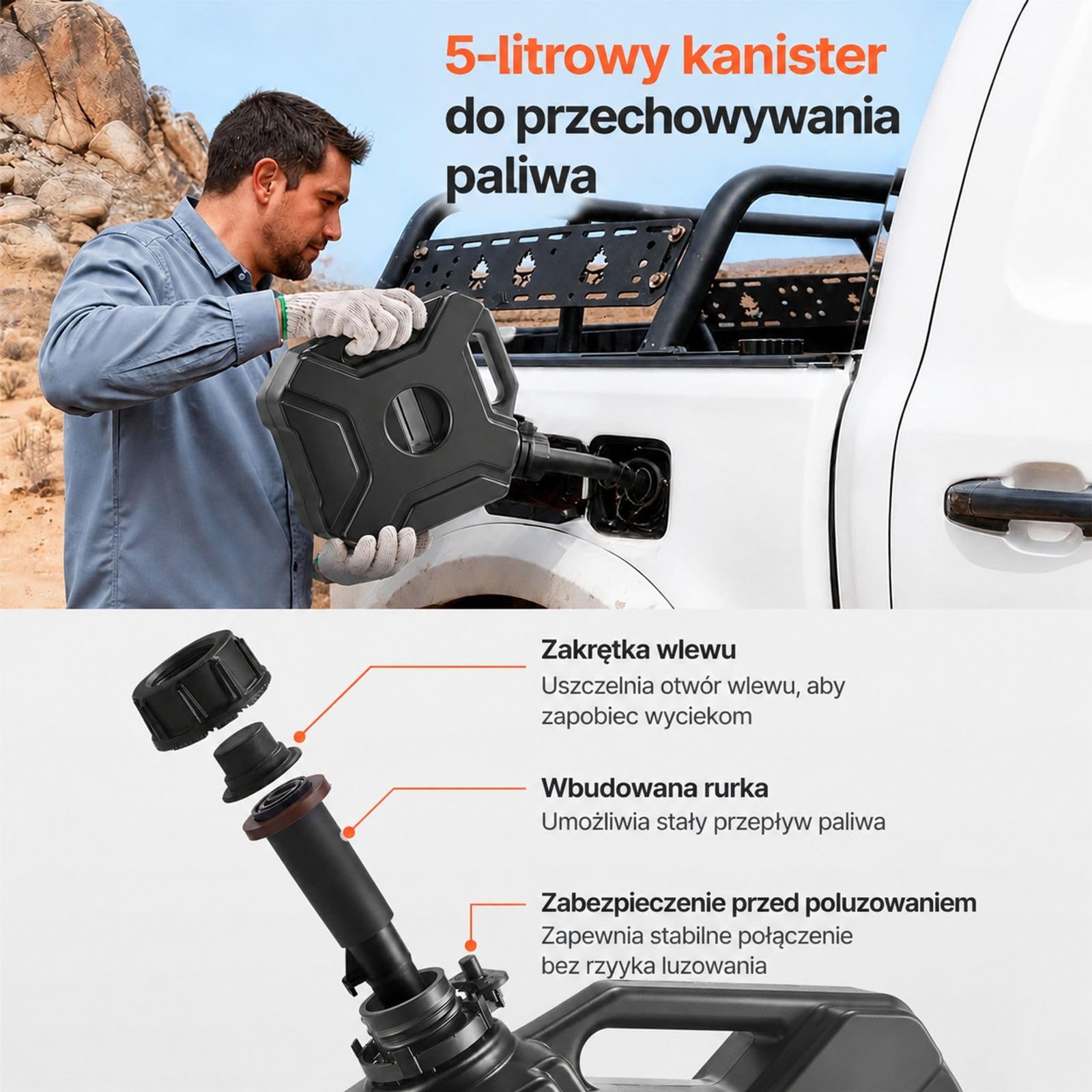 Kanister na paliwo 5 l z dzióbkiem i zamykanym uchwytem, przepływ 15 l/min, pojemnik HDPE i PP, czarny, do samochodów, motocykli, quadów i UTV
