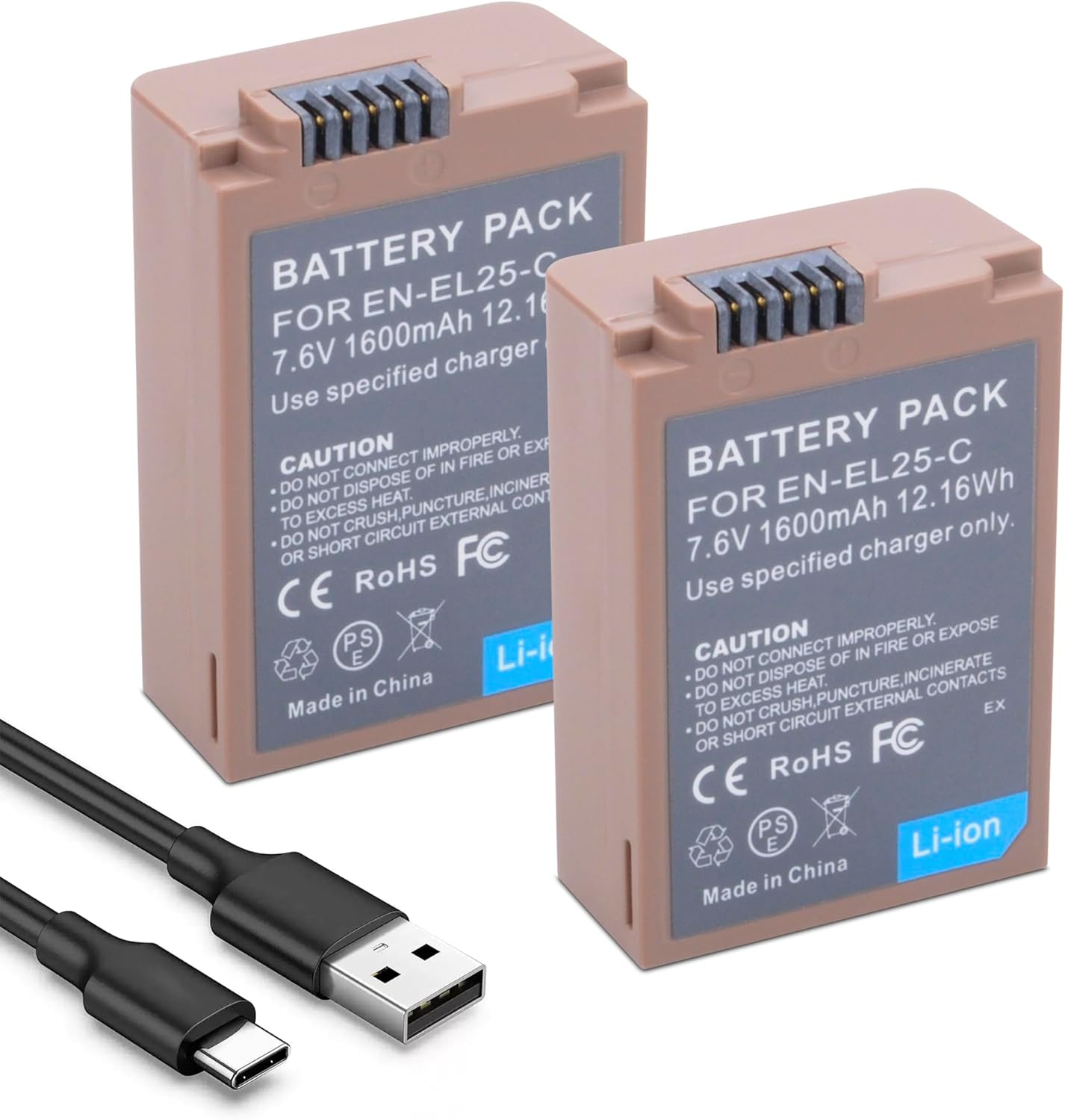 2-Pack EN-EL25 EN-EL25a Battery Replacement Battery with USB-C Fast Charging Port Compatible with Nikon ZFC / Z30 / Z50 Camera, MH-32 Charger 1600mAh