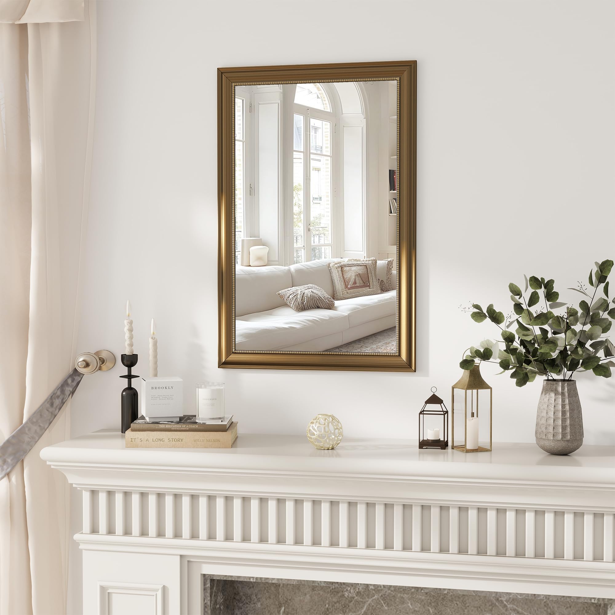 Axeman 24x36 Rectangular Wall Mirror, Decorative Bathroom Mirror, Traditional Vintage Wall Mounted Mirror with Beaded Frame for Accent Living Room Vanity Bedroom Entryway, Gold