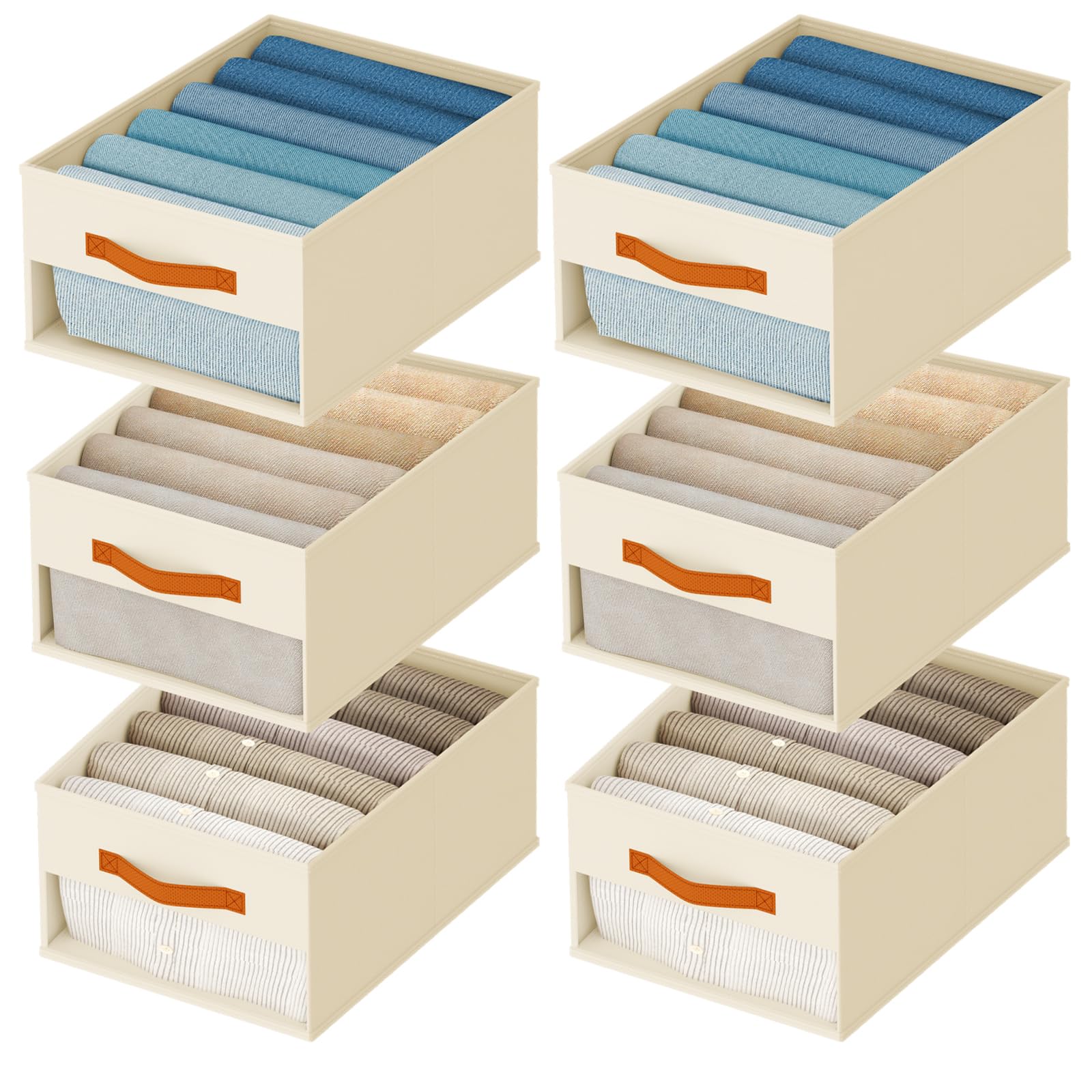 Homsorout Wardrobe Drawer Organiser - 6 Pack Jeans Storage Boxes Beige