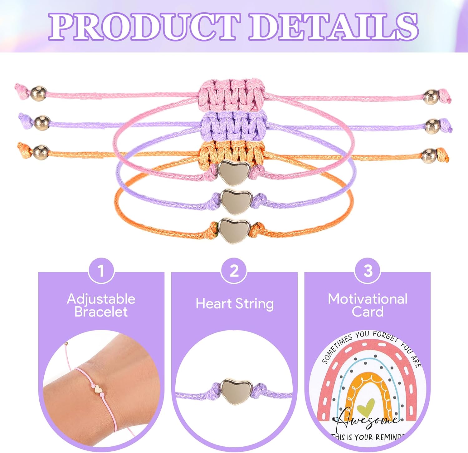 20Pcs Heart String Bracelet Inspirational Bracelets for Women with Cards Bags, Heart Wish Bracelet, Friendship Bracelets Bulk Colorful Adjustable Handmade Rope Braided, Inspirational Gifts for Women - Image 2