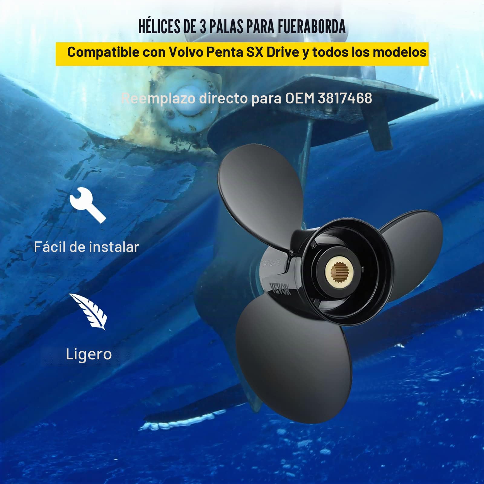 VEVOR Reemplazo de Hélice Fuera de Borda OEM 3817468 Diámetro de 36,8cm Paso 48,3cm 3 Palas Hélice de Barco de Aluminio Compatible con Volvo Penta SX Drive Todos los Modelos con Estrías de 19 Dientes