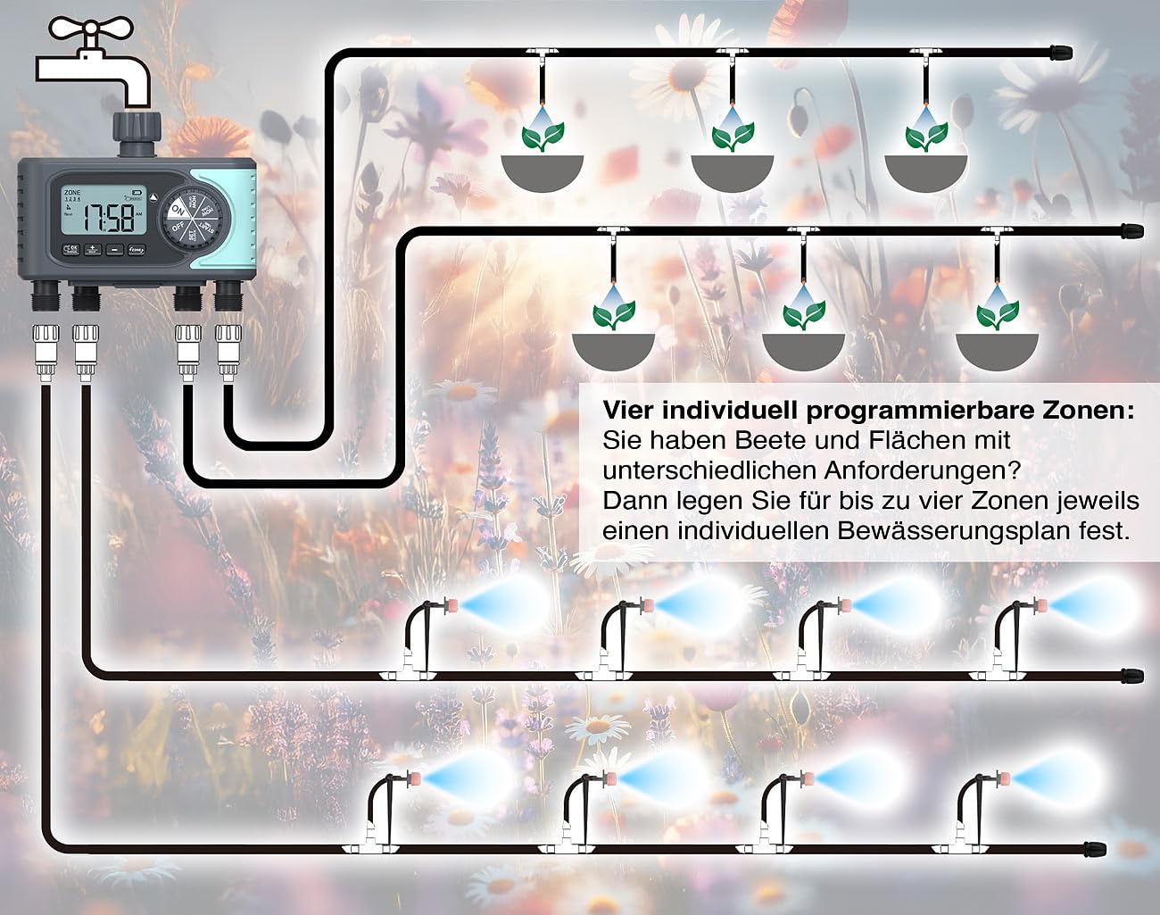 Royal Gardineer Garten-Wassercomputer: Digitaler Bewässerungscomputer mit Display, 4 Zonen, programmierbar (Gartenbewässerung Computer, Schlauch-Ventile elektrisch, Automat)