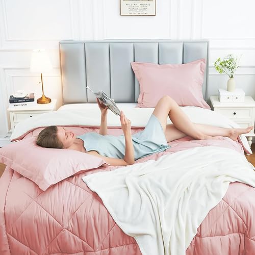 Miniatura 4 de JOLLYVOGUE Juego de edredón tamaño Queen rosamarfil, juego de cama reversible en una bolsa para todas las estaciones, juego de cama de 3 piezas con