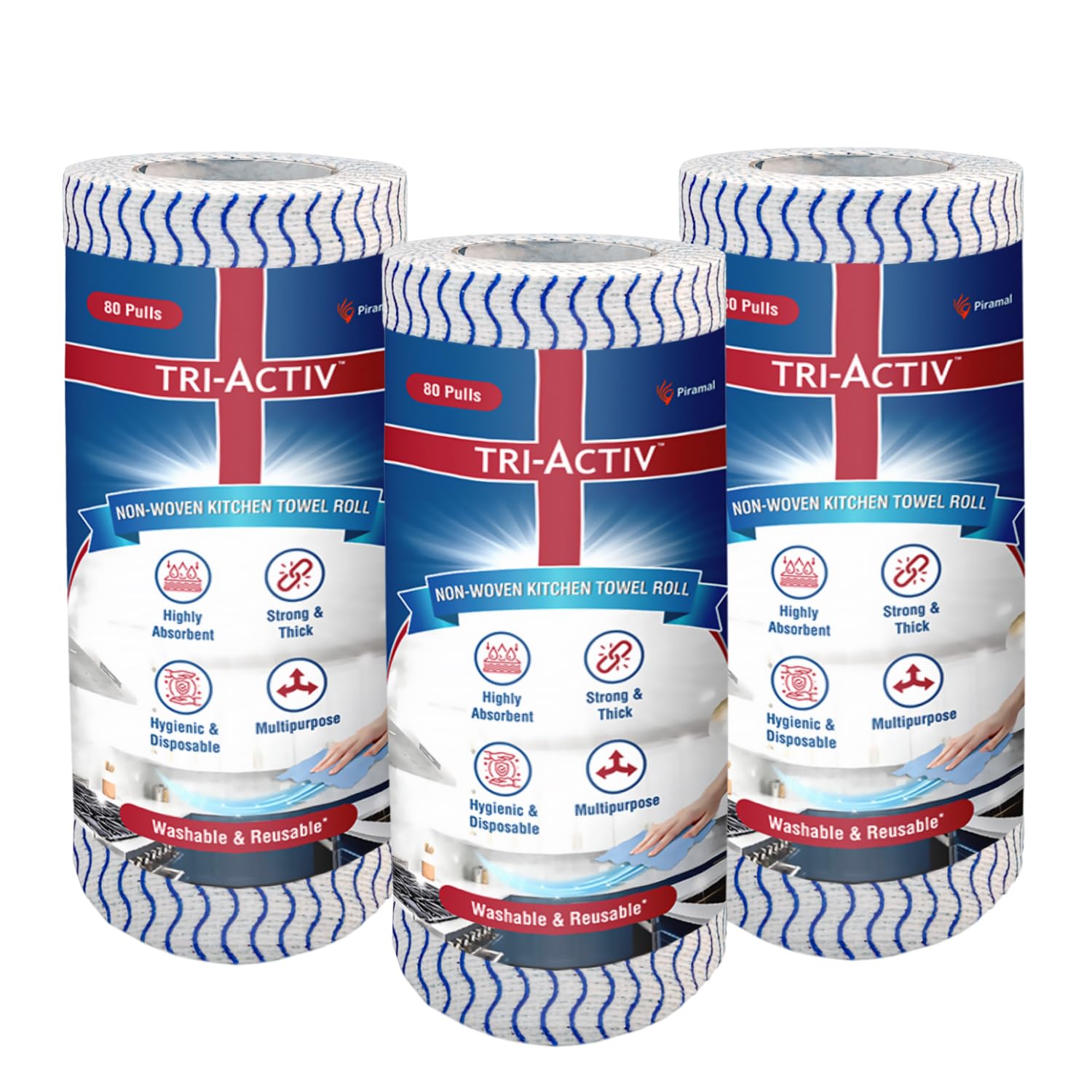 Tri-Activ Washable & Reusable Kitchen Towel Roll | 80 Pulls per Roll, 240 Sheets Pack of 3 | Highly Absorbent Kitchen Tissue Roll | Non Woven Fabric | Better alternative to Paper Tissue Roll | Blue